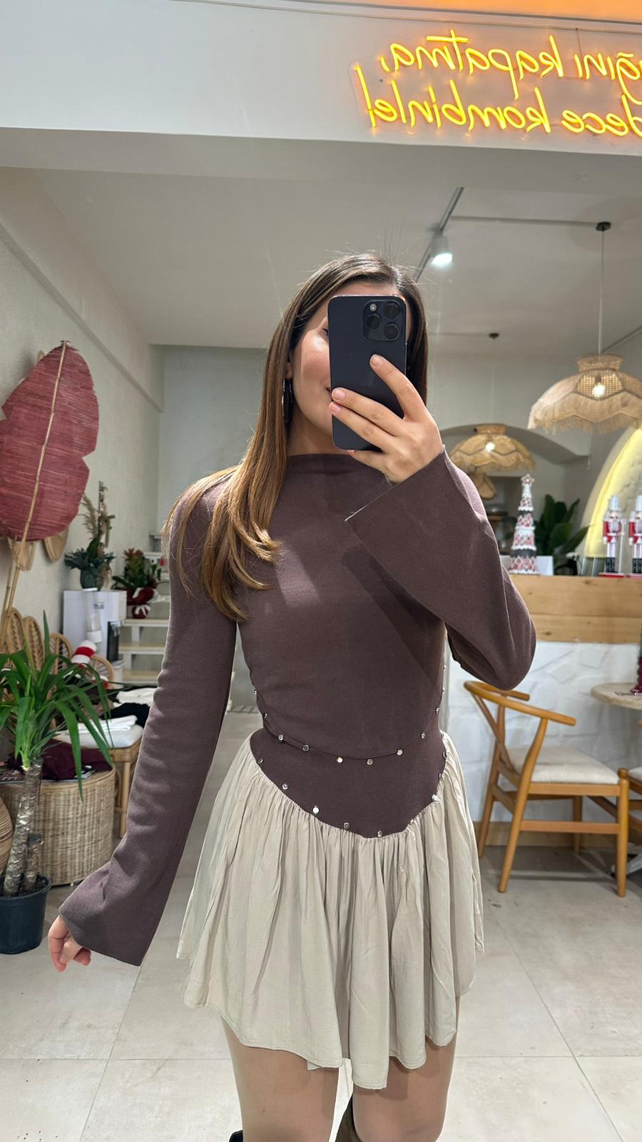 Zımba Detay Elbise - kahverengi