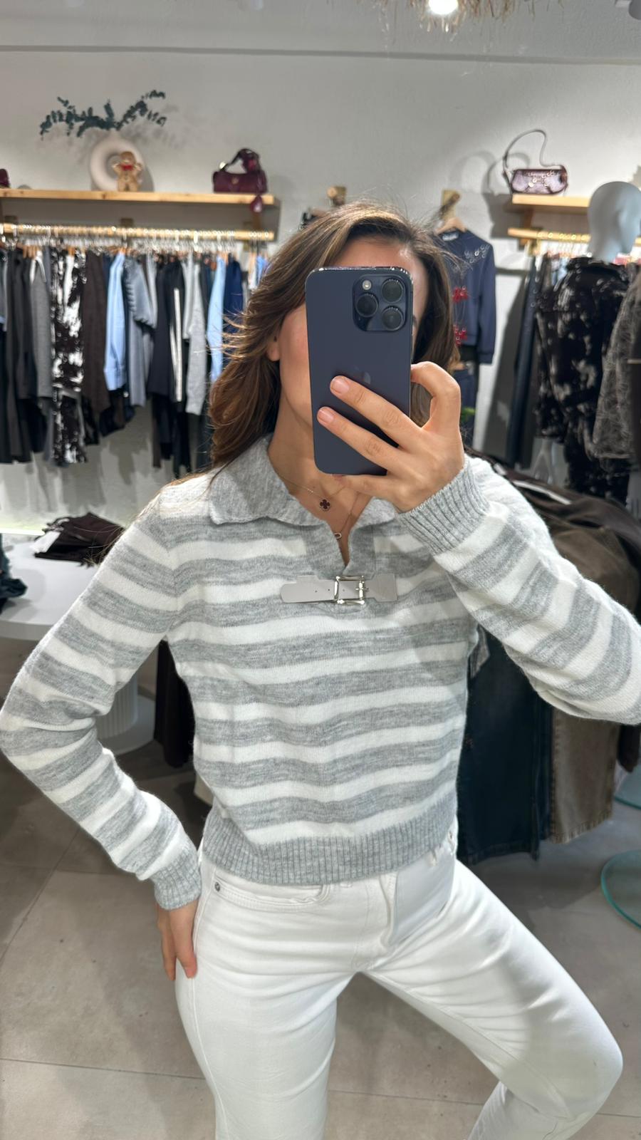 Çizgili Kemerli Triko - gri