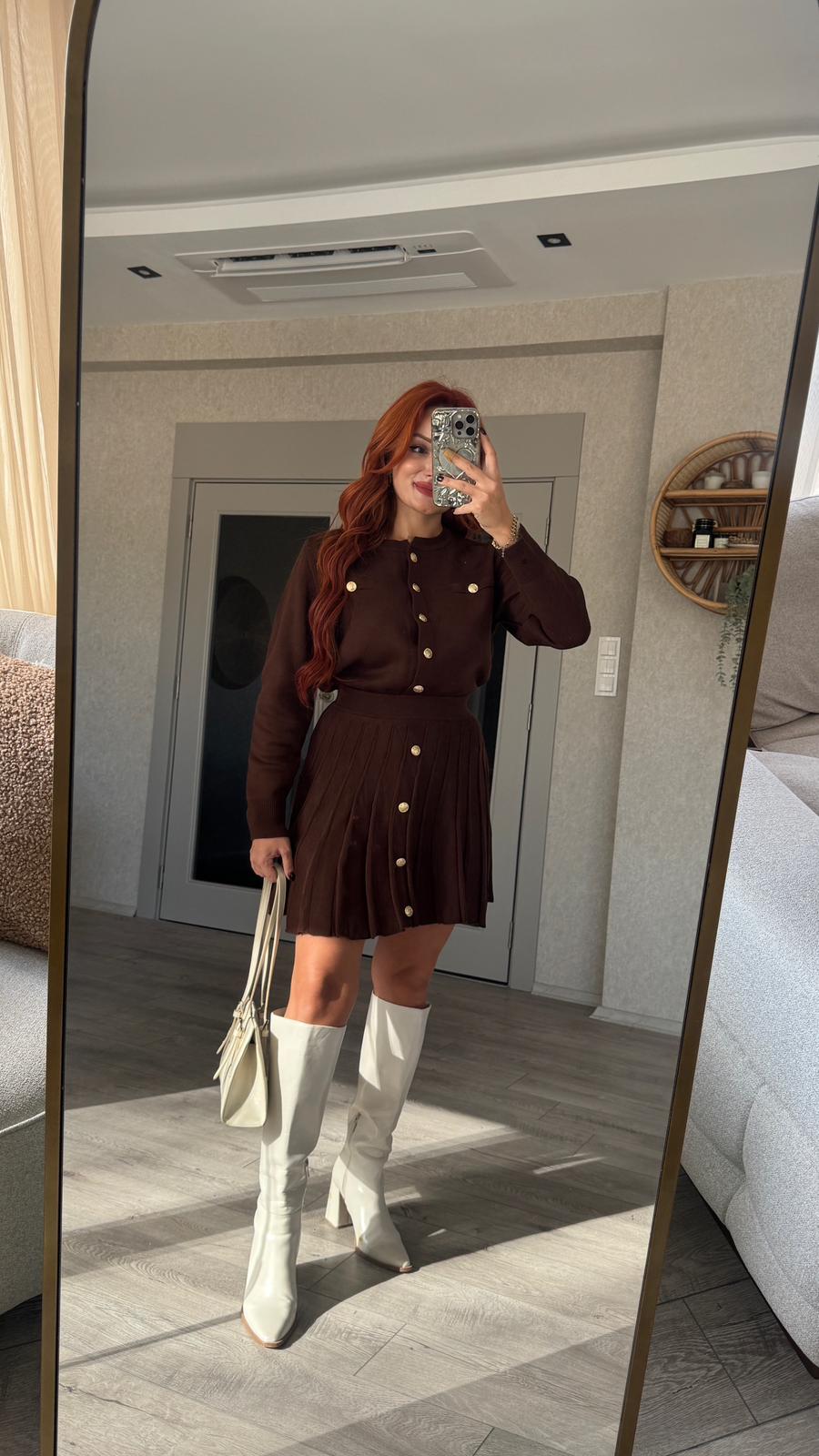 Gold Düğmeli Triko Etekli Takım - kahverengi