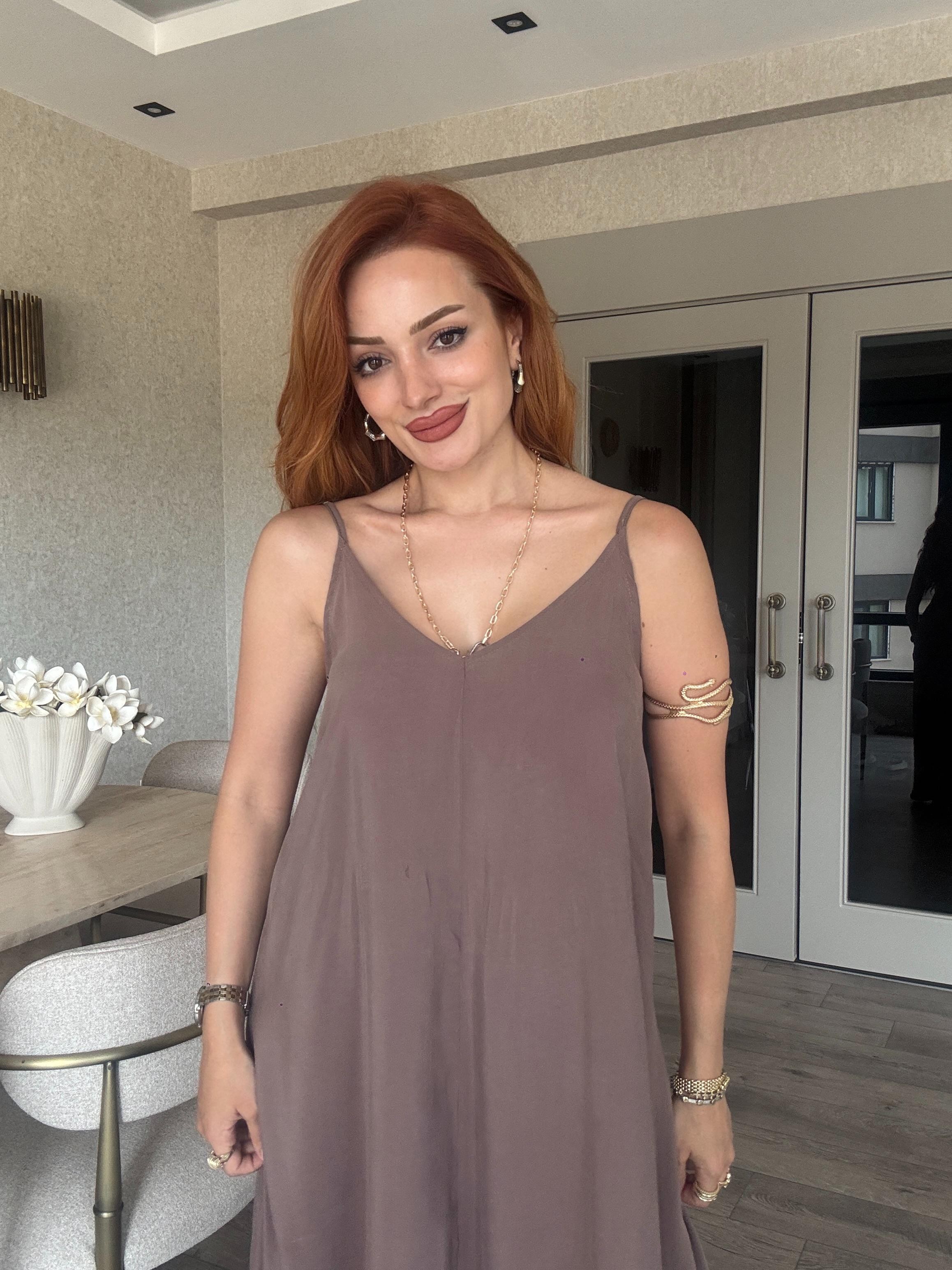 Tensel Rahat Kalıp Elbise  - Kahverengi