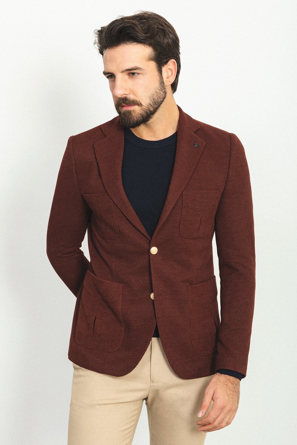 Dokulu Torba Cep Slim Fit Erkek Ceket - Kahverengi