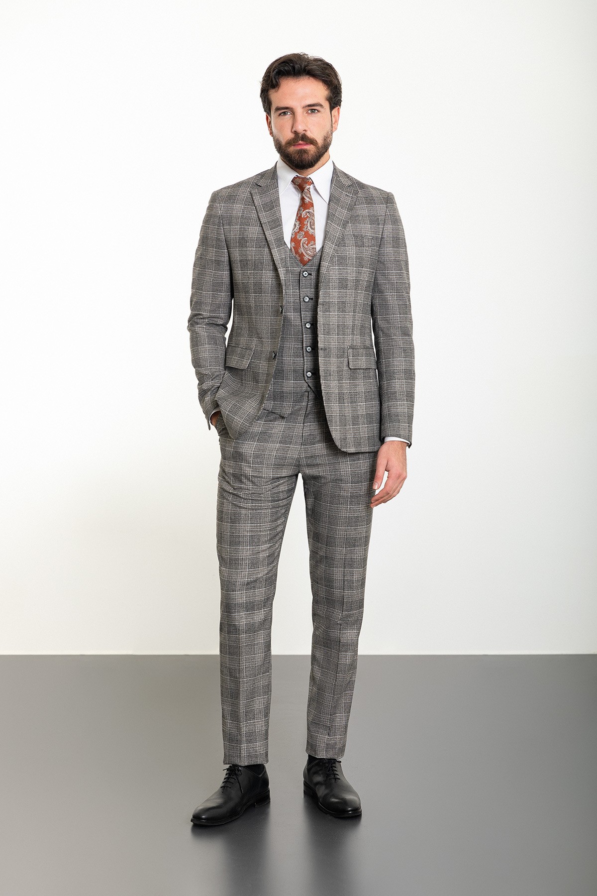 Ekoseli Slim Fit Mono Yaka Keten Erkek Takım Elbise