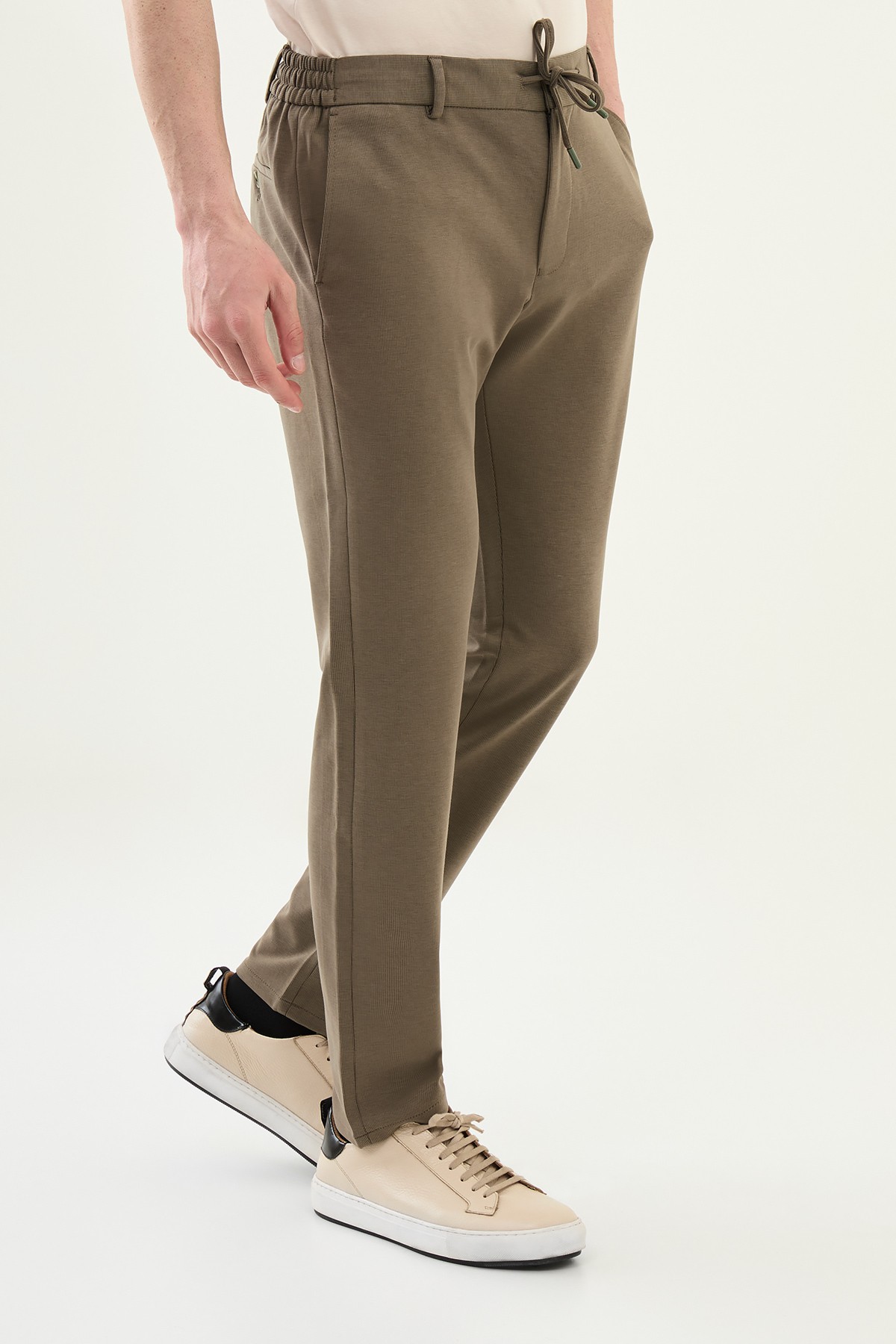Çizgili Super Slim Fit Beli Lastikli İpli Erkek Pantolon - Haki