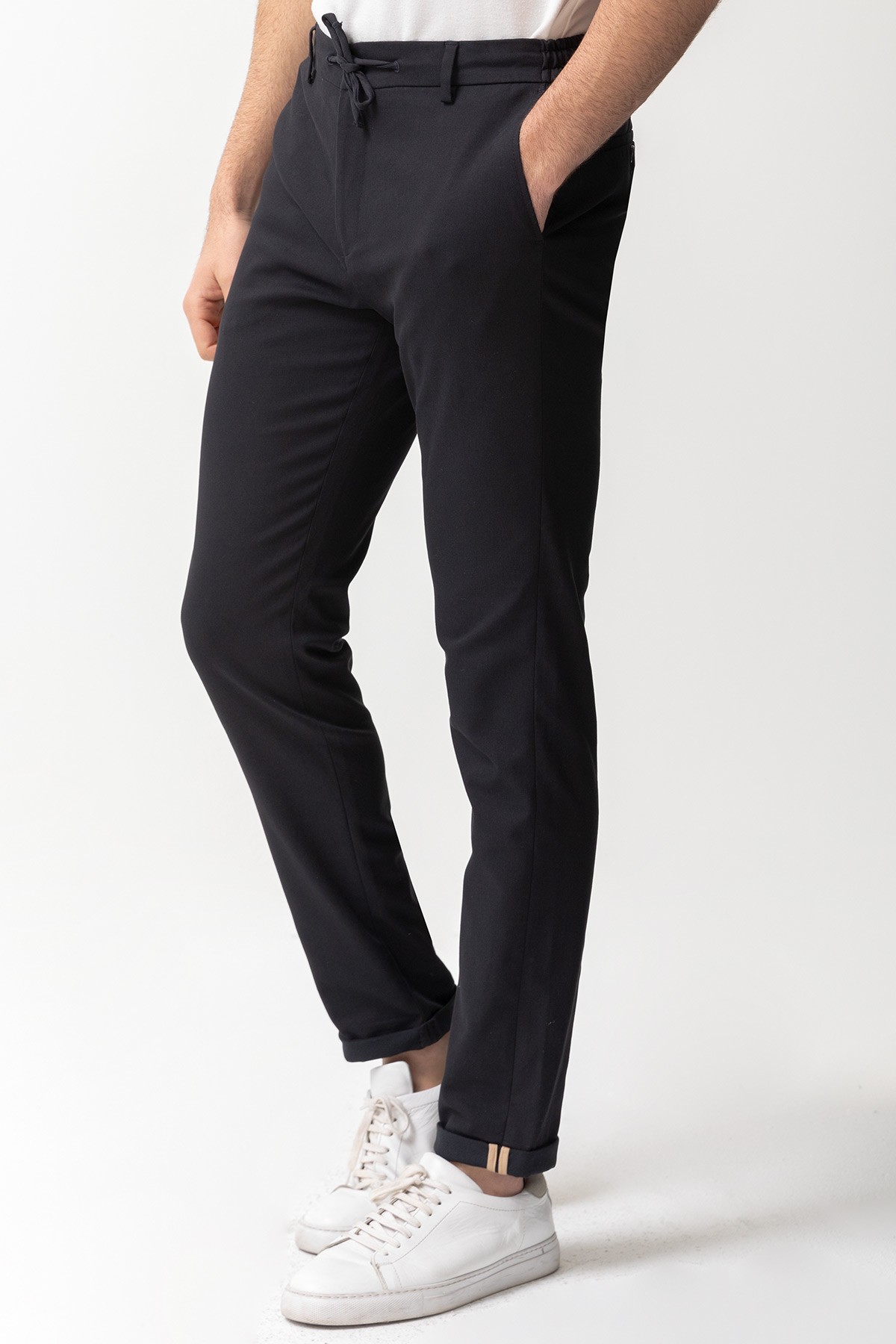 Düz Super Slim Fit Beli Lastikli İpli Erkek Pantolon - Lacivert