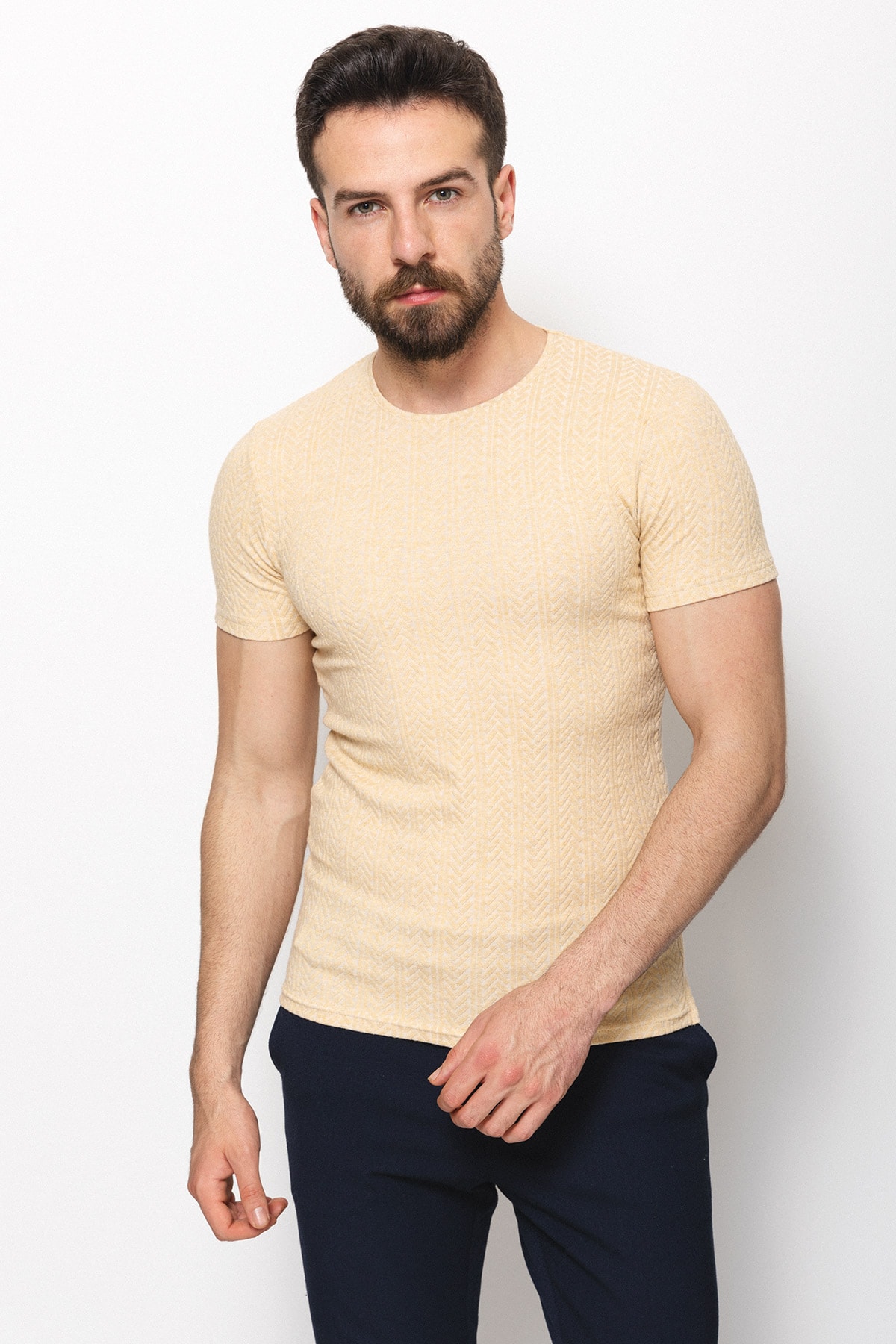 Desenli Slim Fit Bisiklet Yaka Erkek T-Shirt - Kamel
