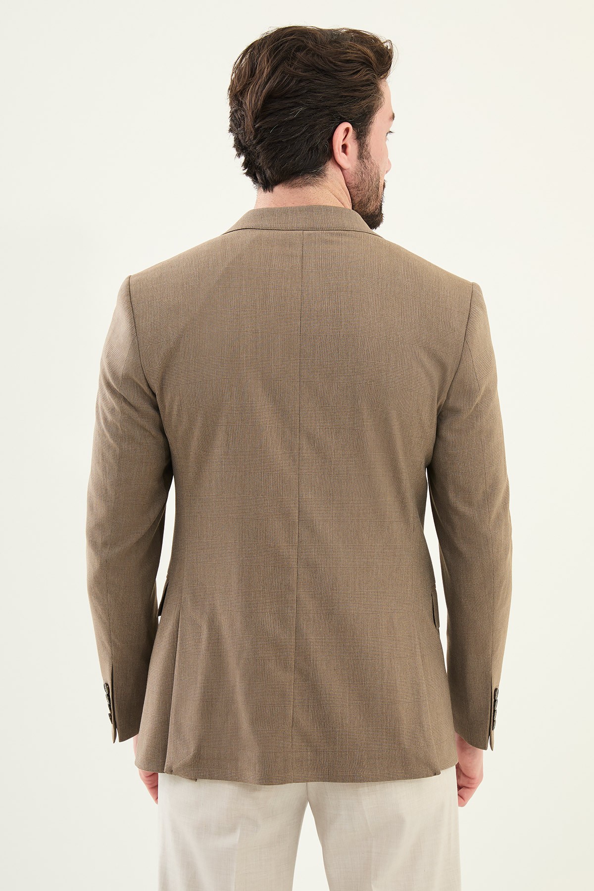 Ekoseli Slim Fit Mono Yaka Erkek Ceket