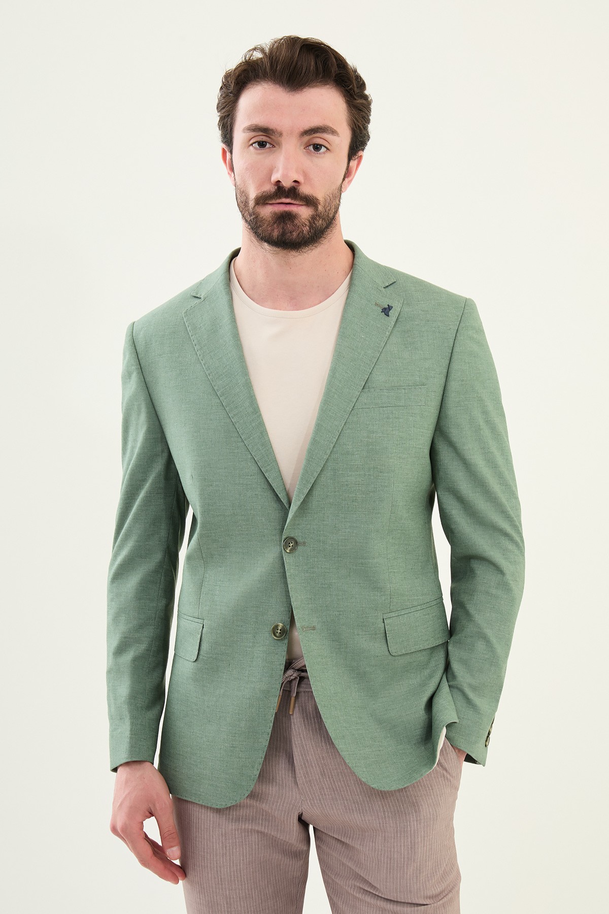 Düz Slim Fit Mono Yaka Keten Erkek Ceket