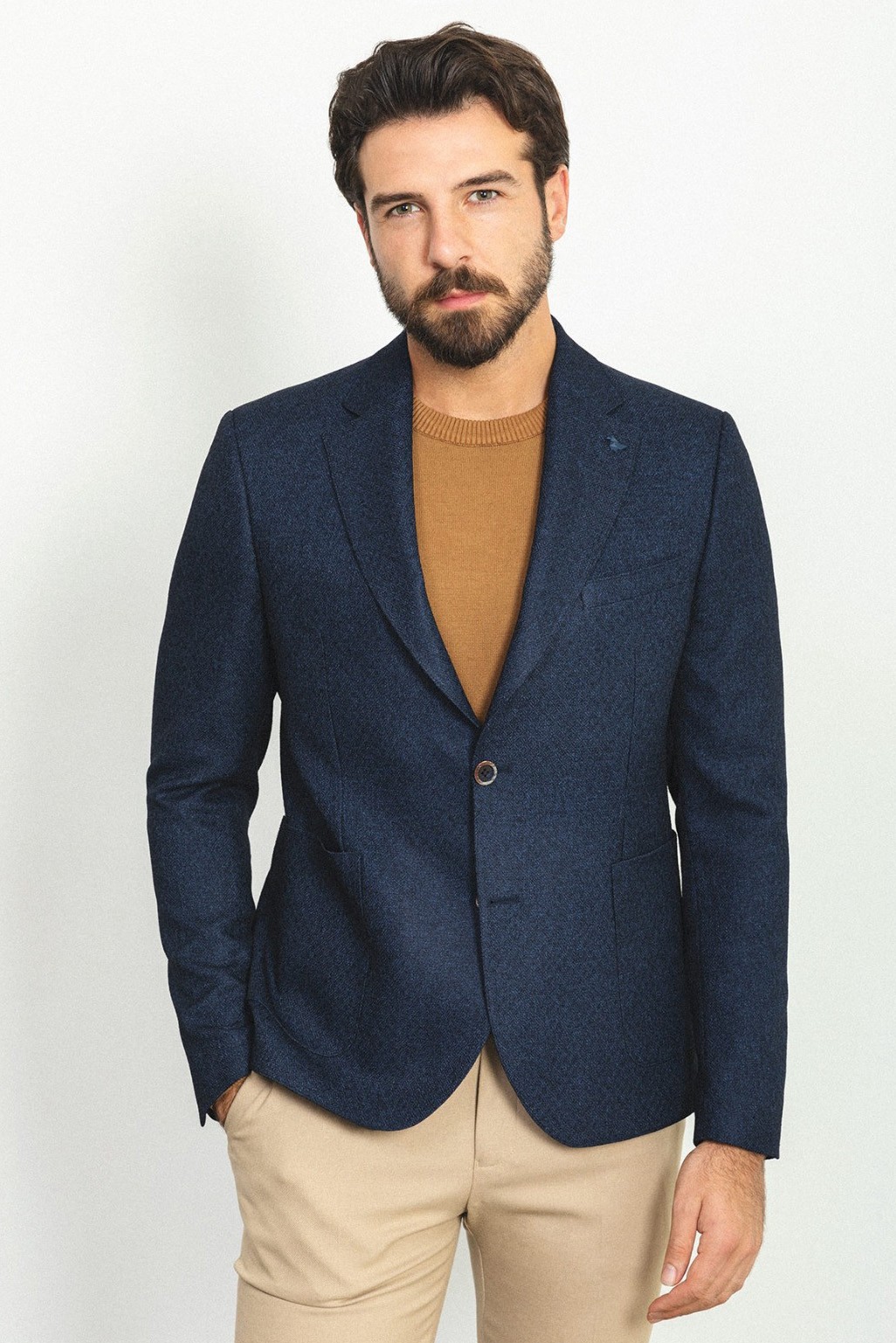 Desenli Torba Cep Slim Fit Yün Erkek Ceket - Lacivert