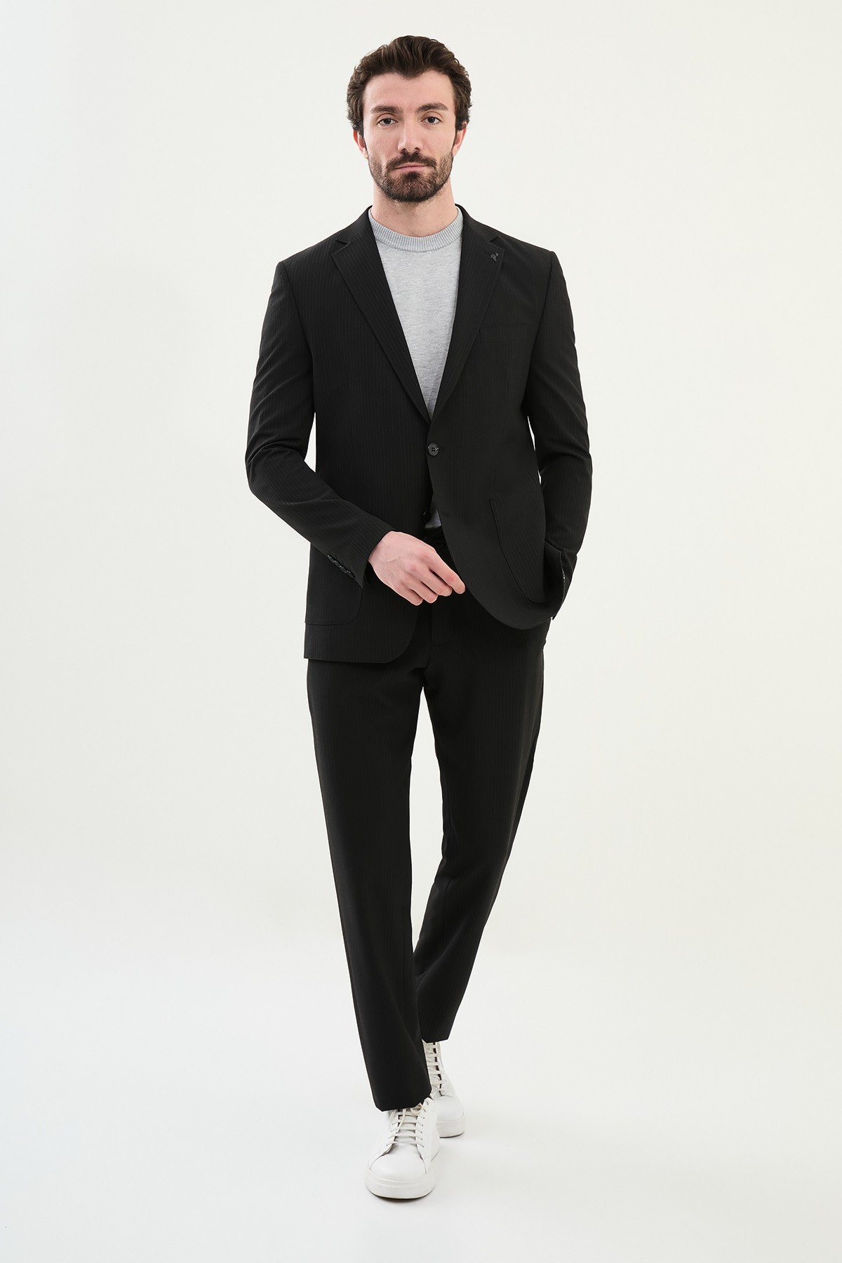 Çizgili Slim Fit Torba Cep İpli Gofreli Erkek Takım Elbise