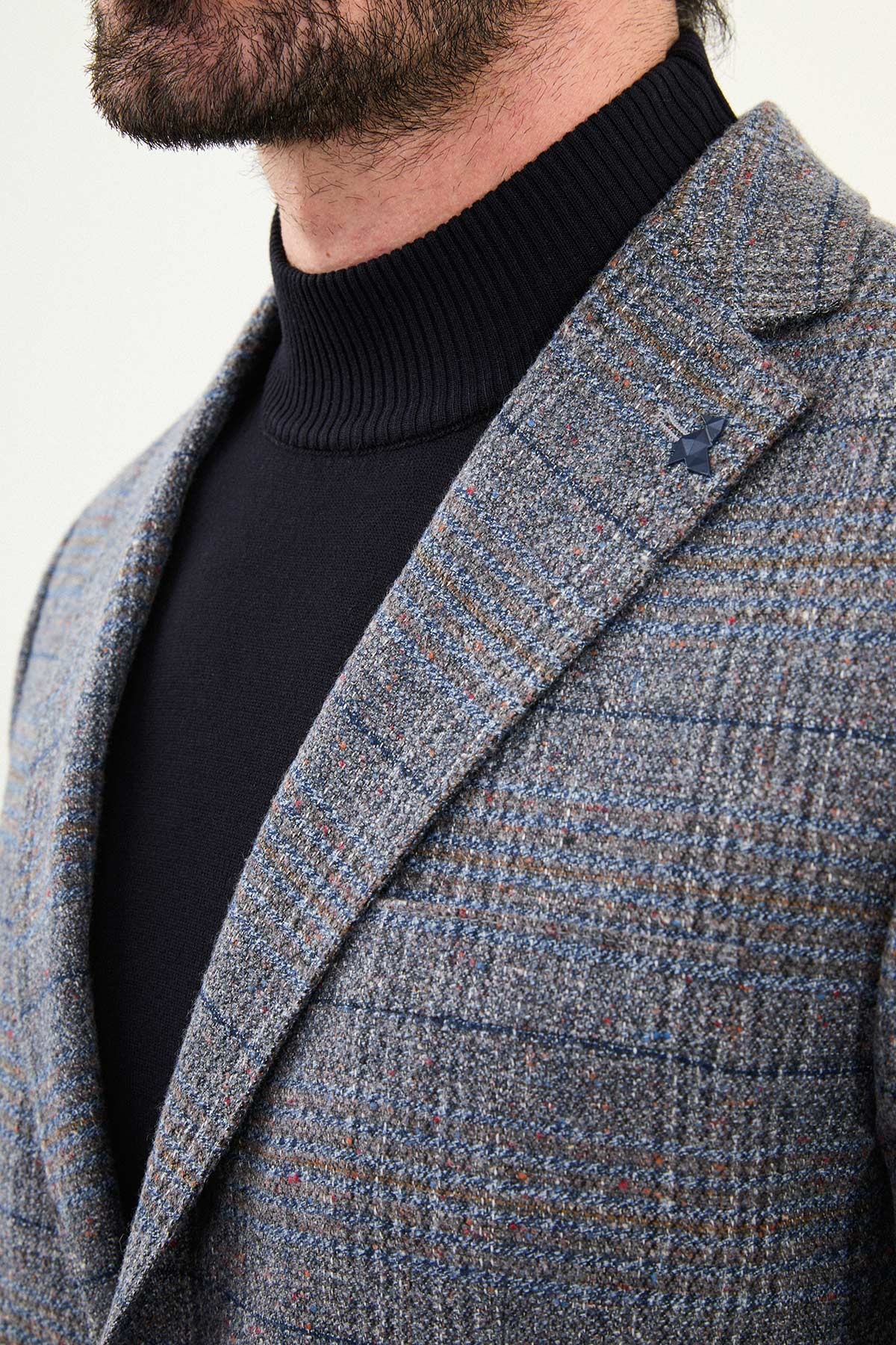 Ekoseli Slim Fit Mono Yaka Yün Erkek Ceket