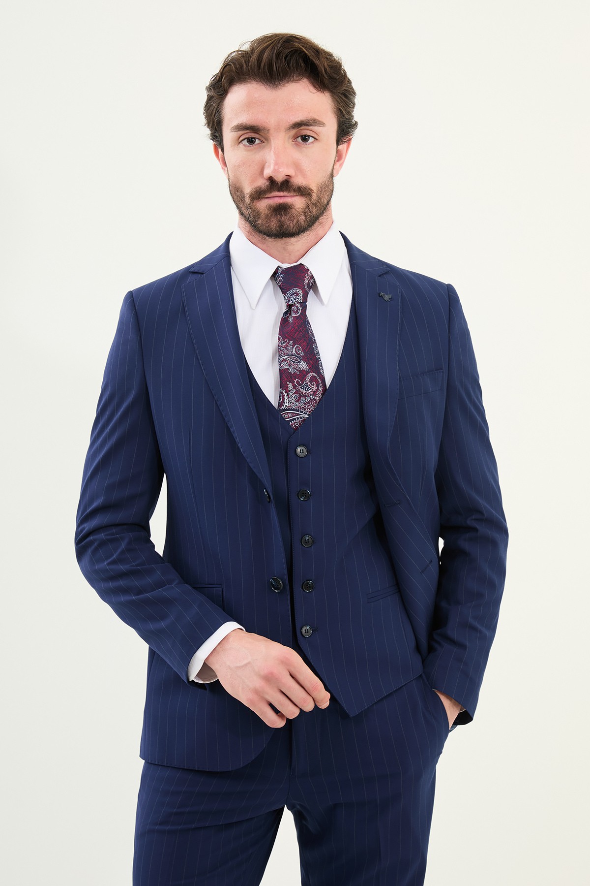 Çizgili Slim Fit Mono Yaka Yün Erkek Takım Elbise - Açık Lacivert