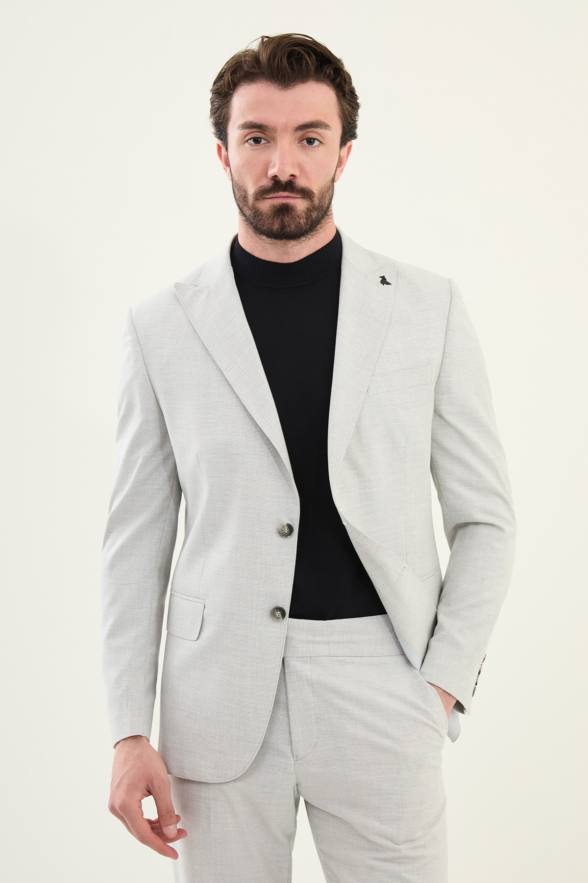 Desenli Slim Fit Geniş Yaka Erkek Takım Elbise - Taş