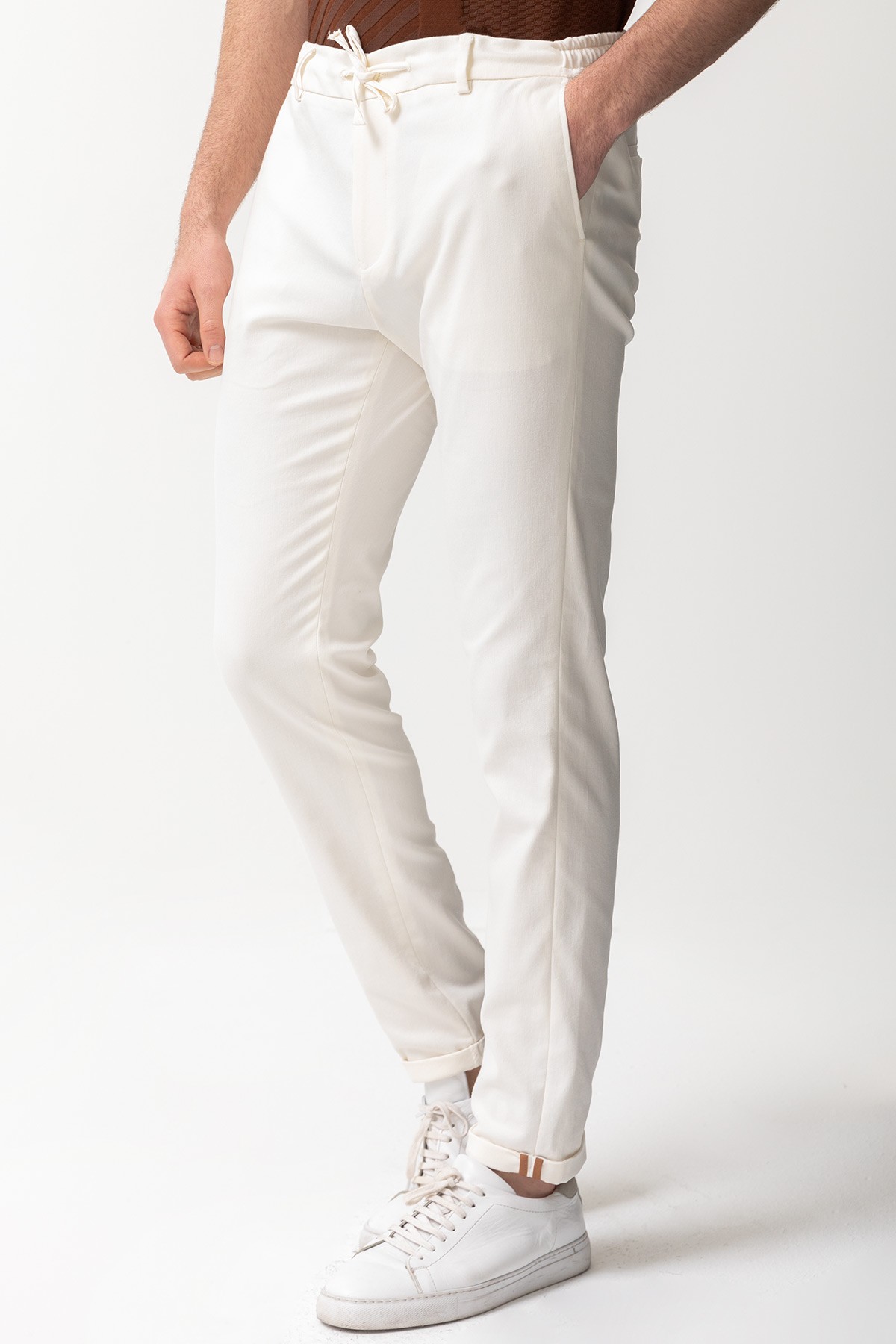 Düz Super Slim Fit Beli Lastikli İpli Erkek Pantolon - Ekru