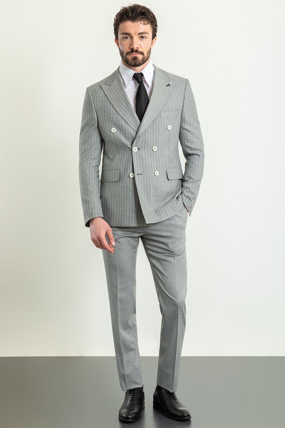 Cizgili Slim Fit Geniş Yaka Kruvaze Keten Erkek Takım Elbise
