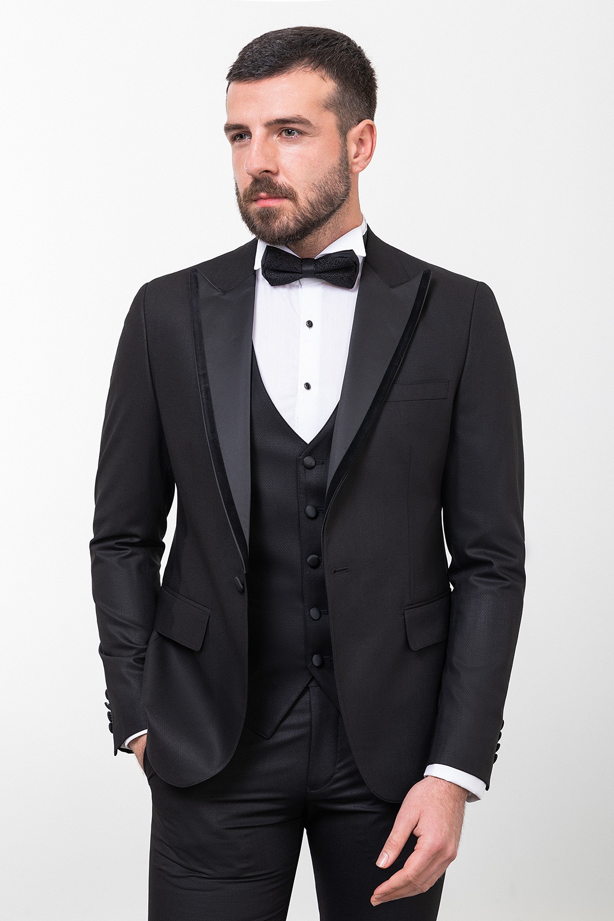 Düz Slim Fit Geniş Yaka Erkek Damatlık - Siyah