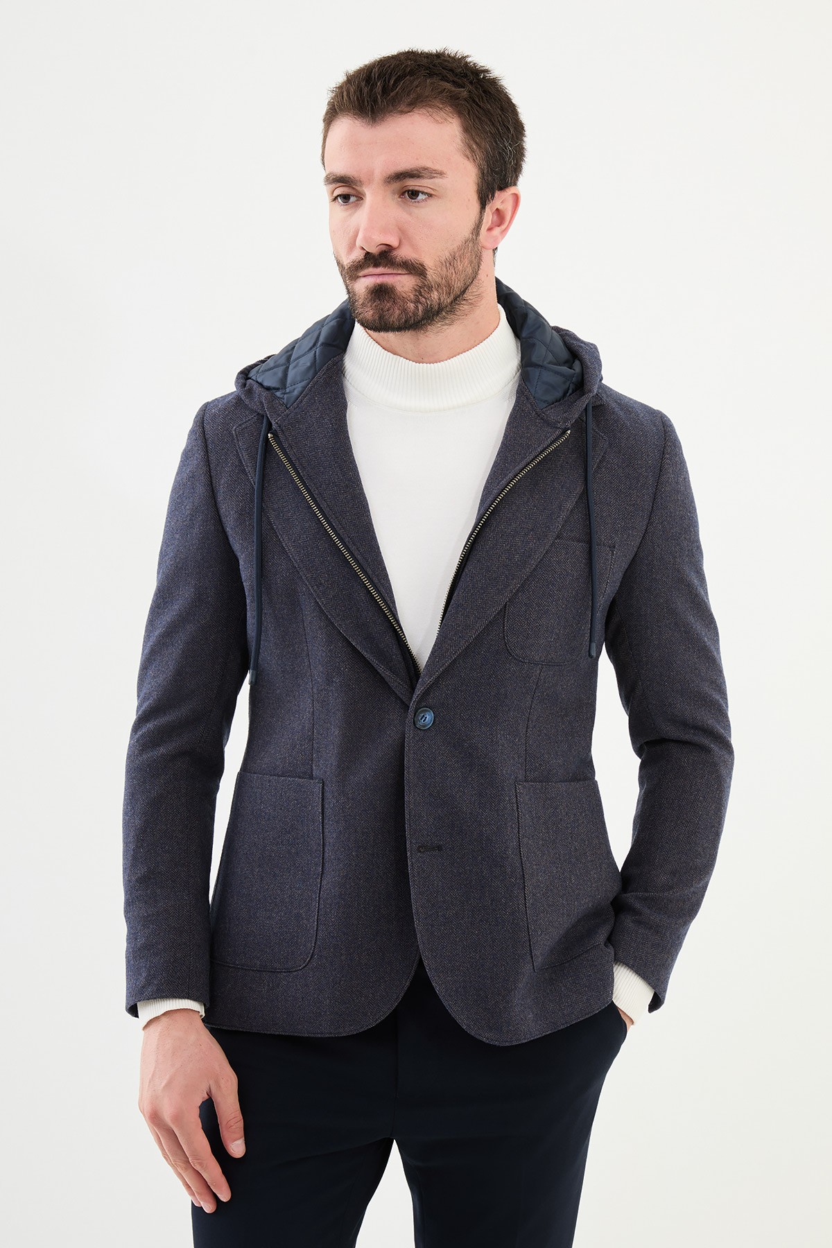 Desenli Slim Fit Çıkarılabilir Kapüşonlu Yün Erkek Ceket - Lacivert