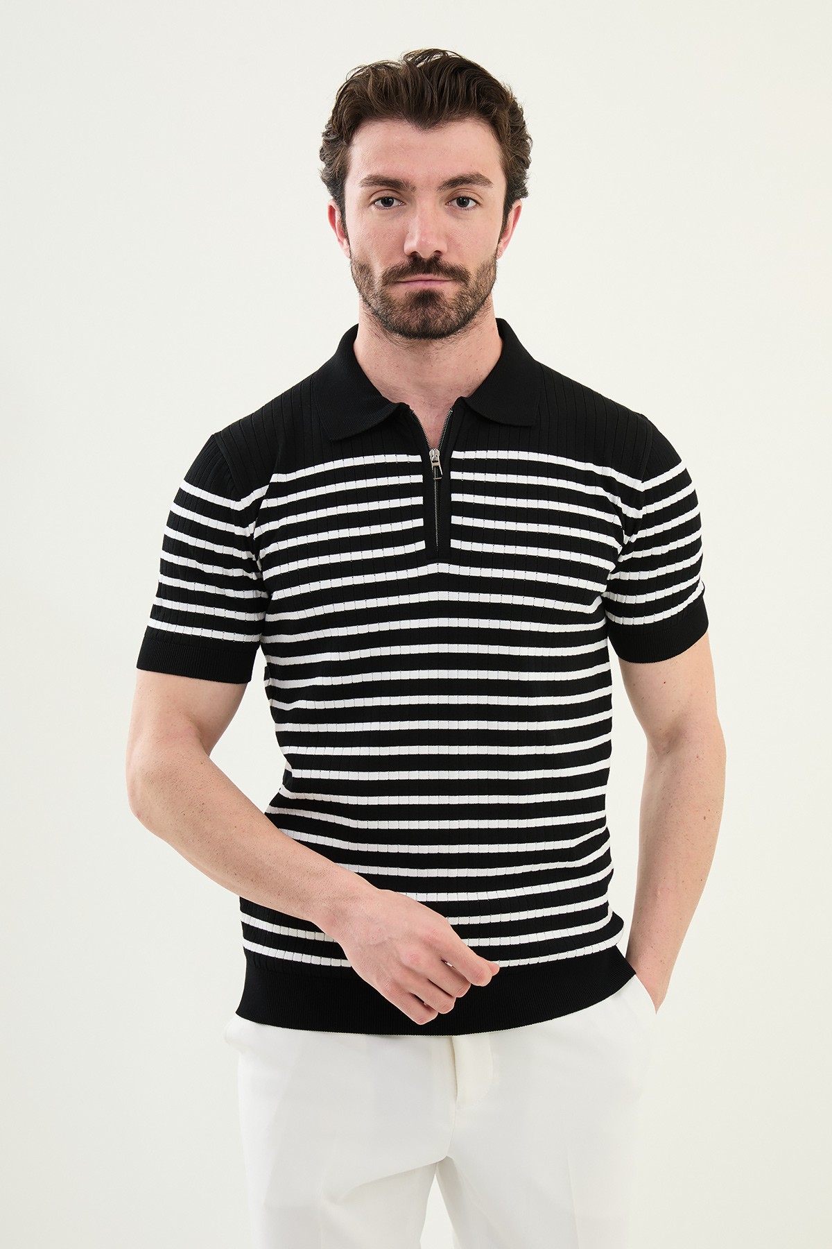 Çizgili Slim Fit Fermuarlı Polo Yaka Erkek Triko T-Shirt - Siyah