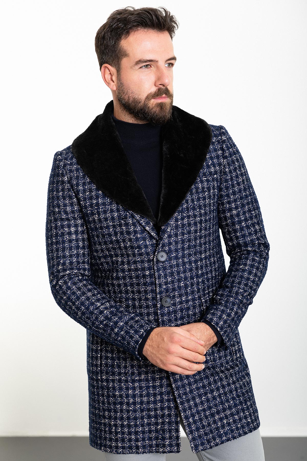 Kareli Slim Fit Kürklü Yaka Erkek Kaşe Kaban