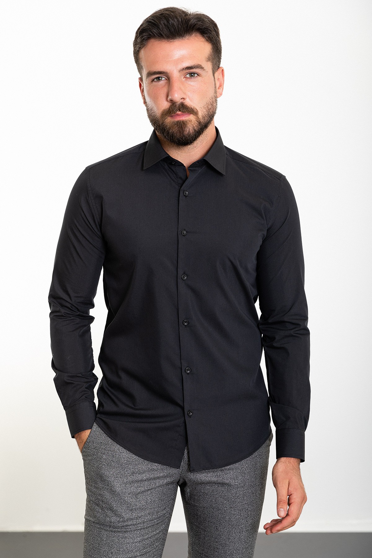 Düz Slim Fit Polikort Yaka Klasik Erkek Gömlek - Siyah