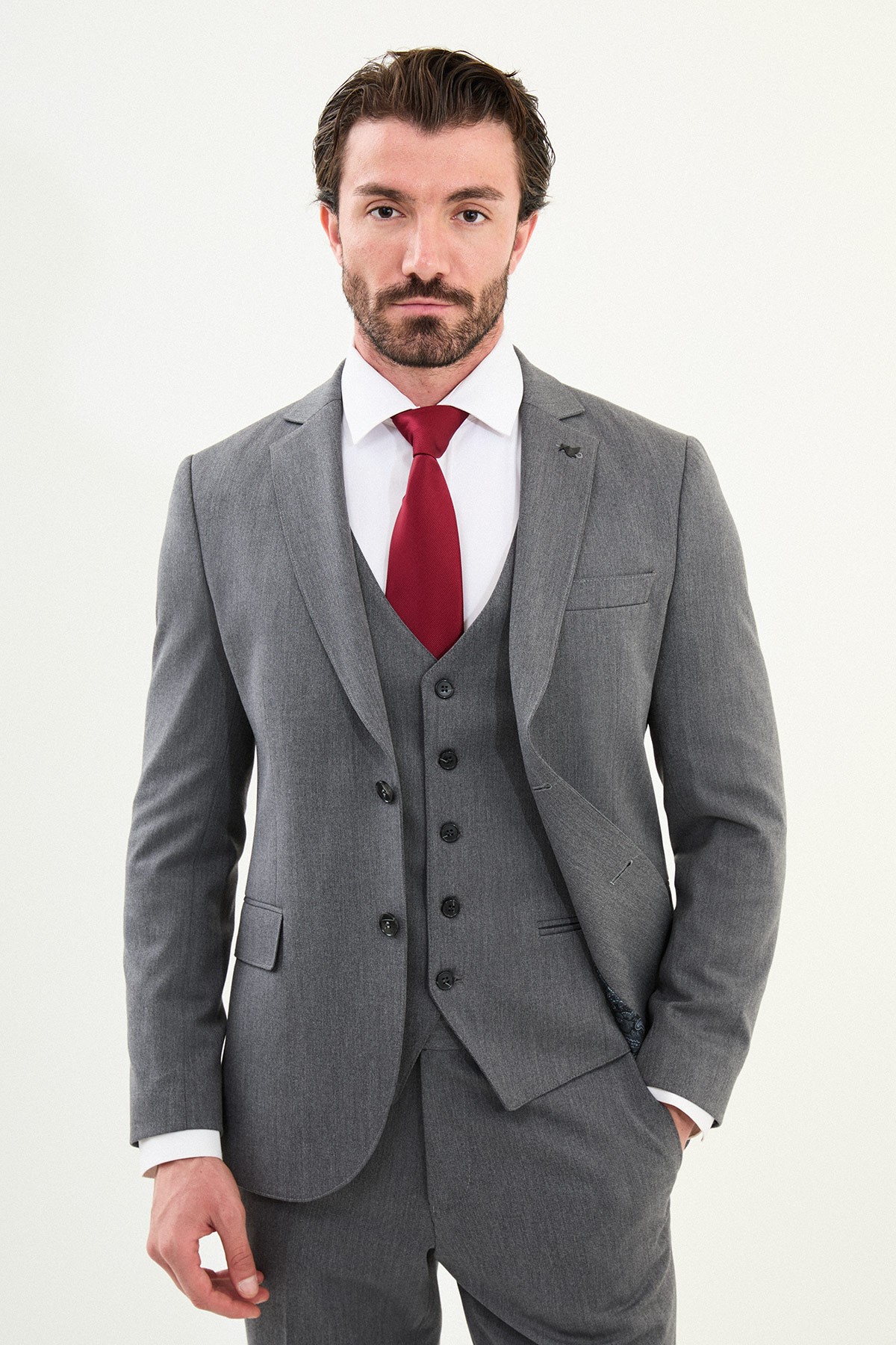 Düz Slim Fit Mono Yaka Klasik Yün Erkek Takım Elbise - Antrasit