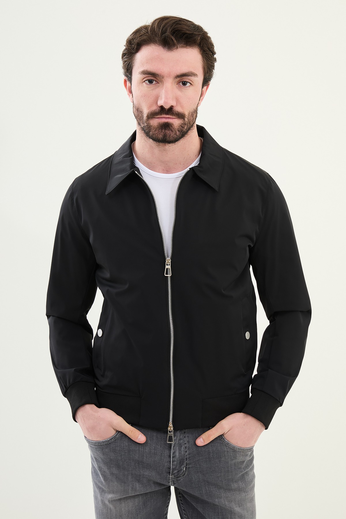 Düz Slim Fit Gömlek Yaka Çift Fermuar Erkek Mont - Siyah