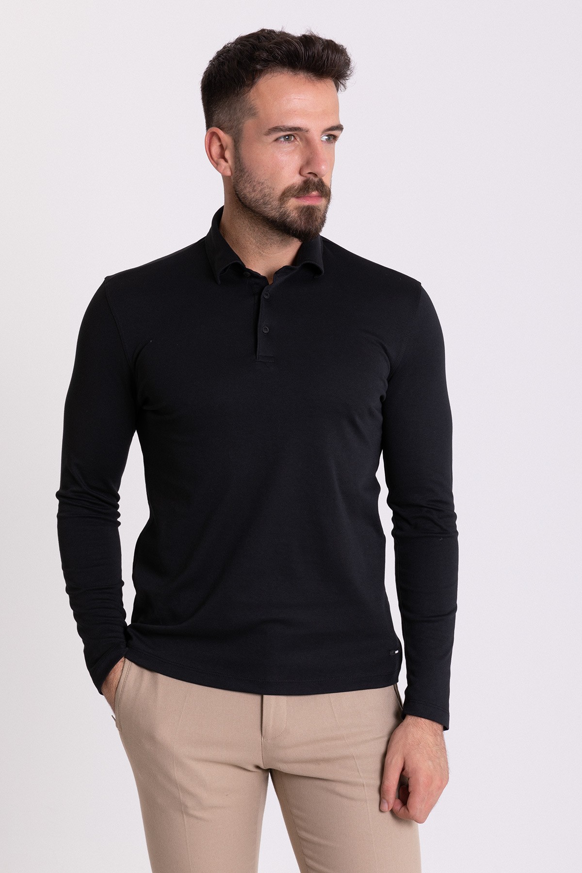 Düz Slim Fit Uzun Kollu Polo Yaka Erkek T-Shirt
