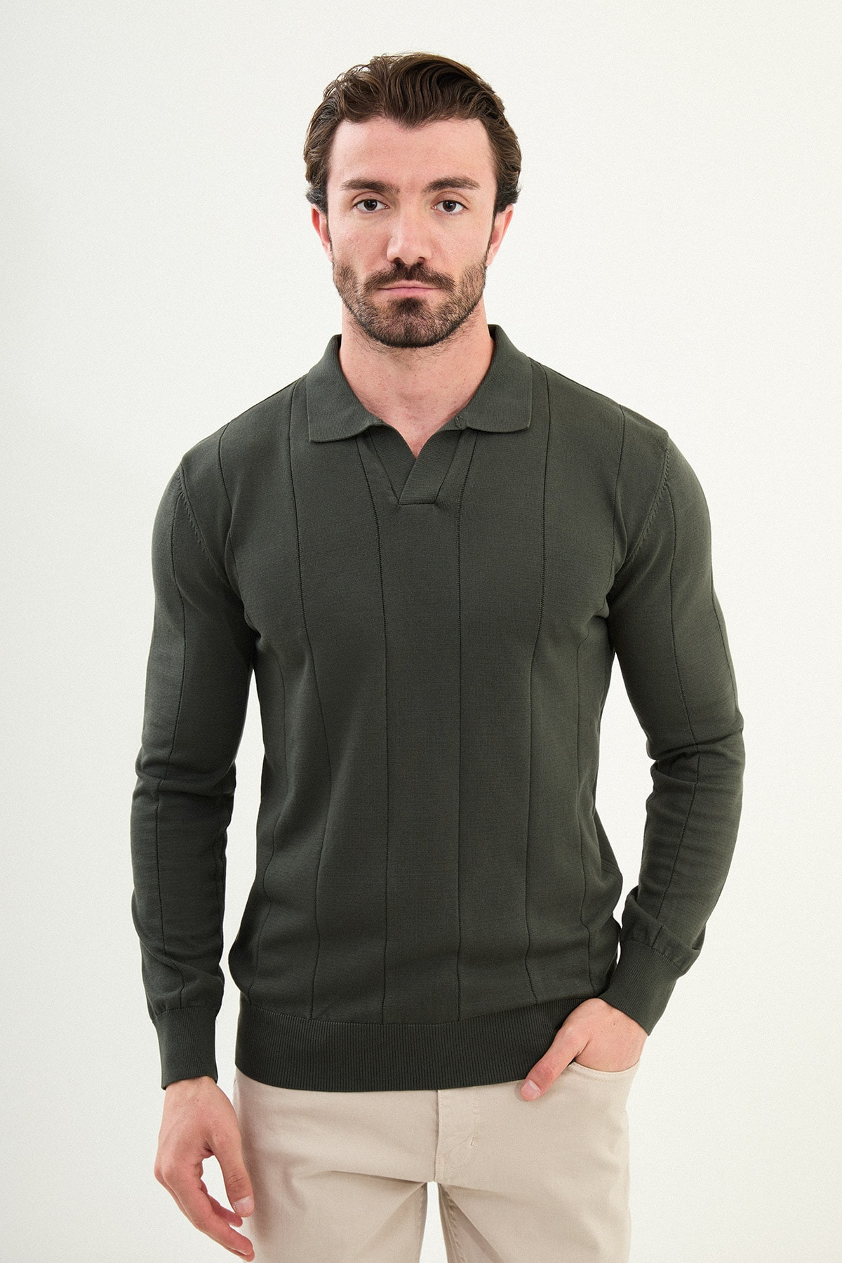 Çizgili Slim Fit Apaç Yaka Erkek Kazak - Haki