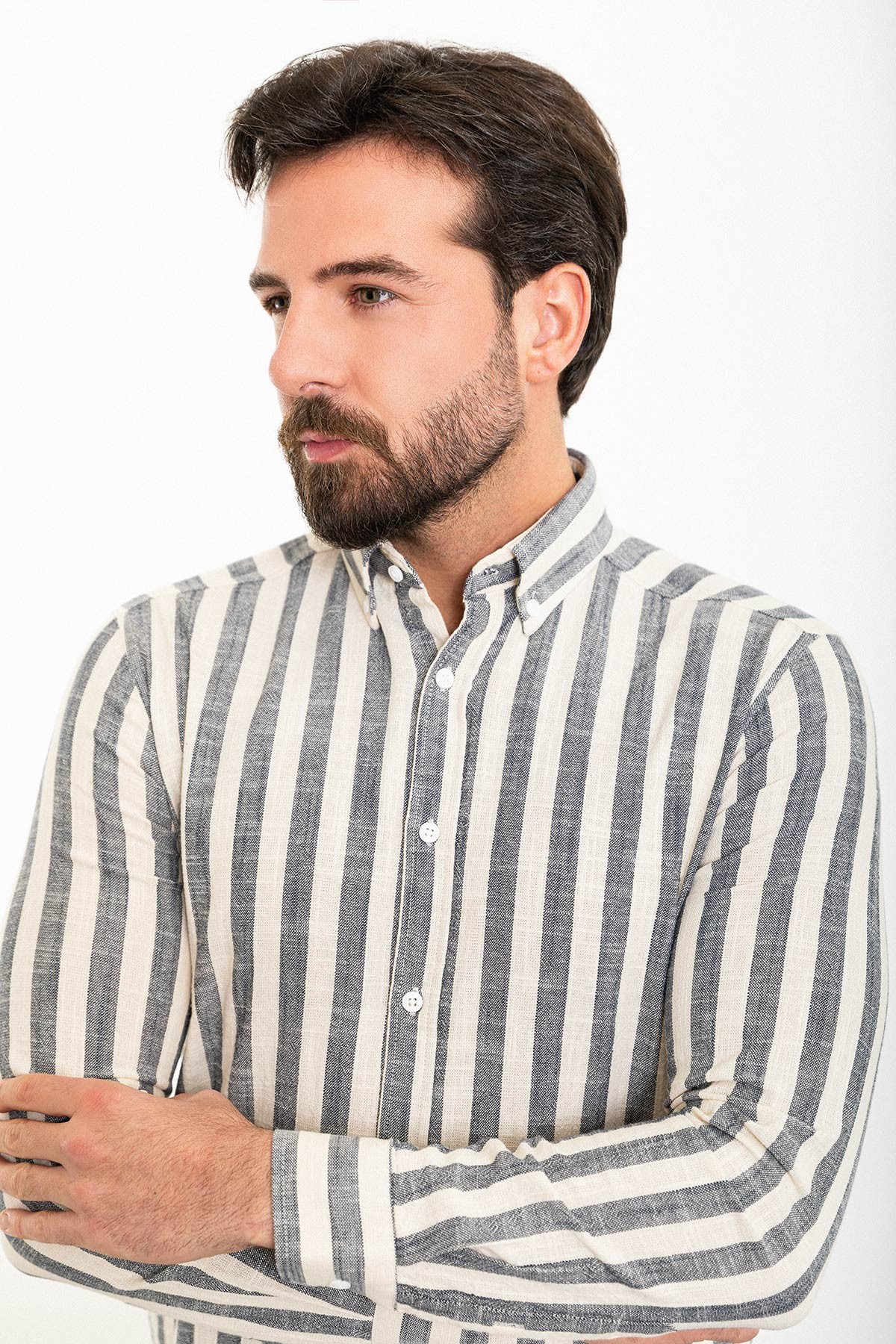 Çizgili Slim Fit Uzun Kollu Keten Erkek Gömlek