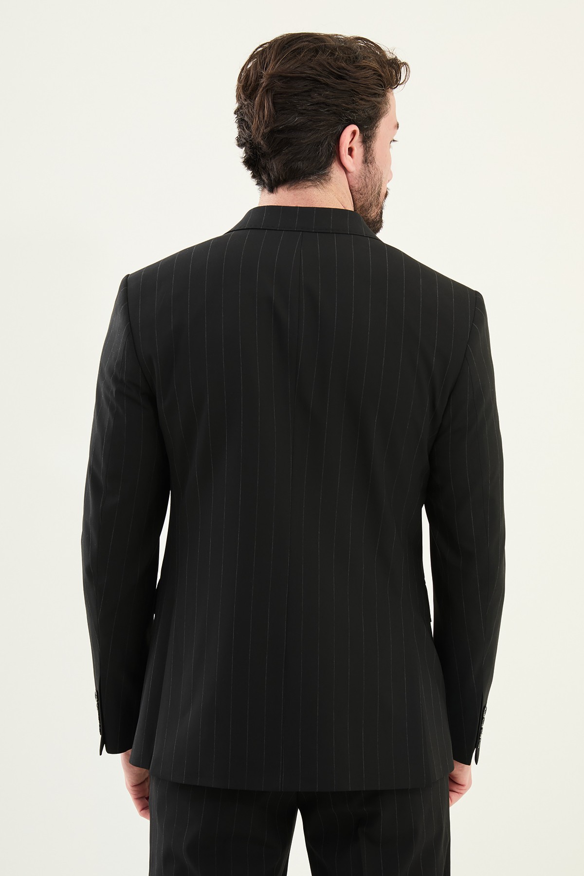 Çizgili Slim Fit Geniş Yaka Kruvaze Erkek Takım Elbise