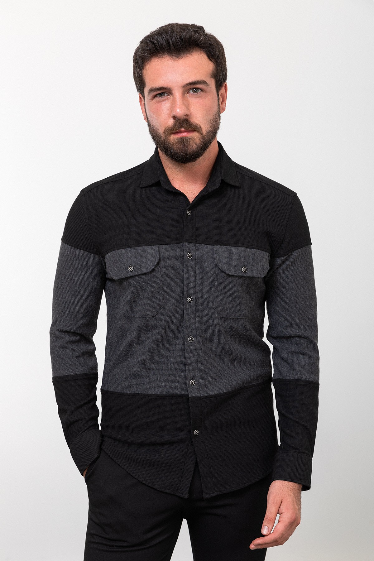 Parçalı Slim Fit Uzun Kollu Pamuk Erkek Gömlek - Siyah-Antrasit
