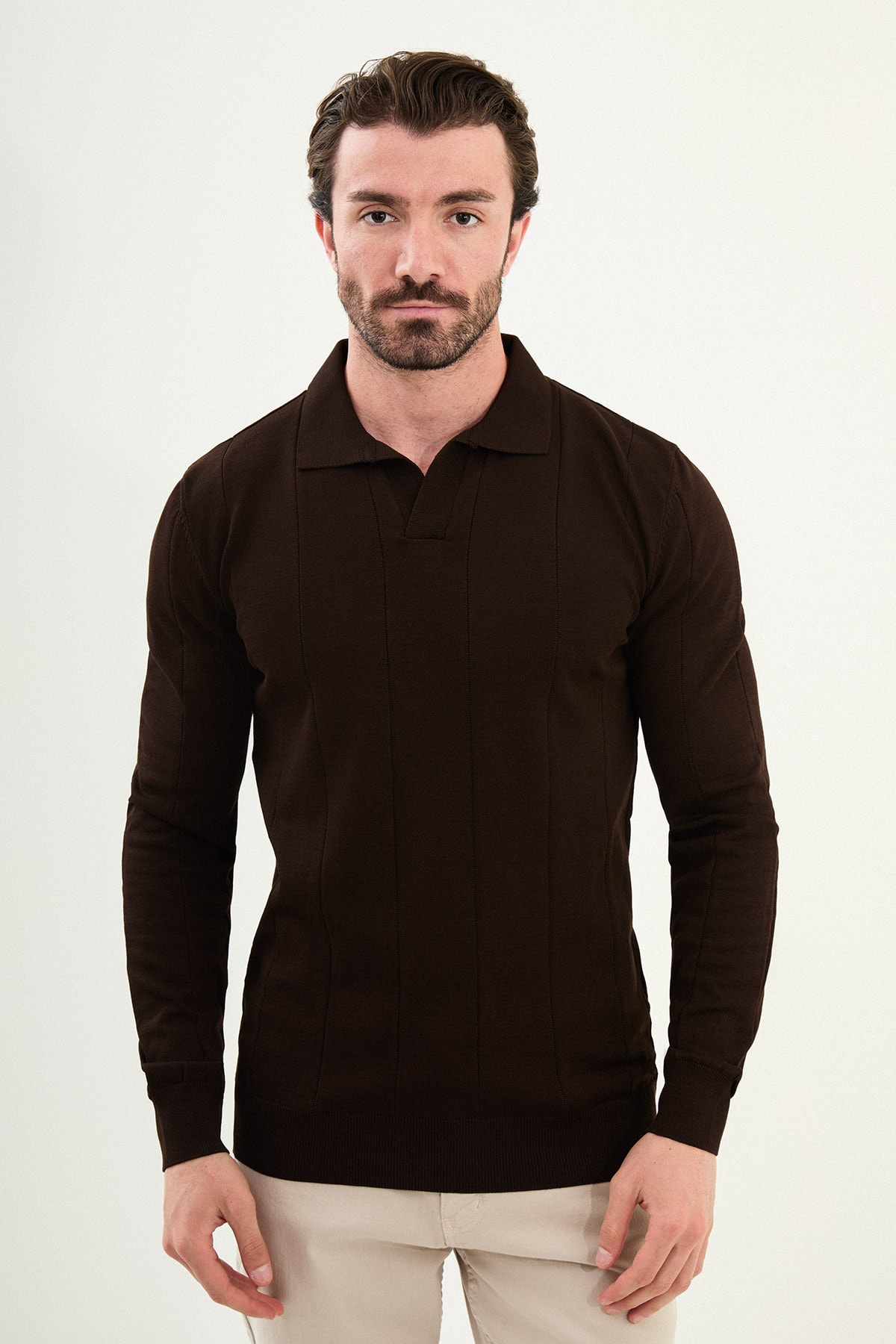 Çizgili Slim Fit Apaç Yaka Erkek Kazak - Kahverengi