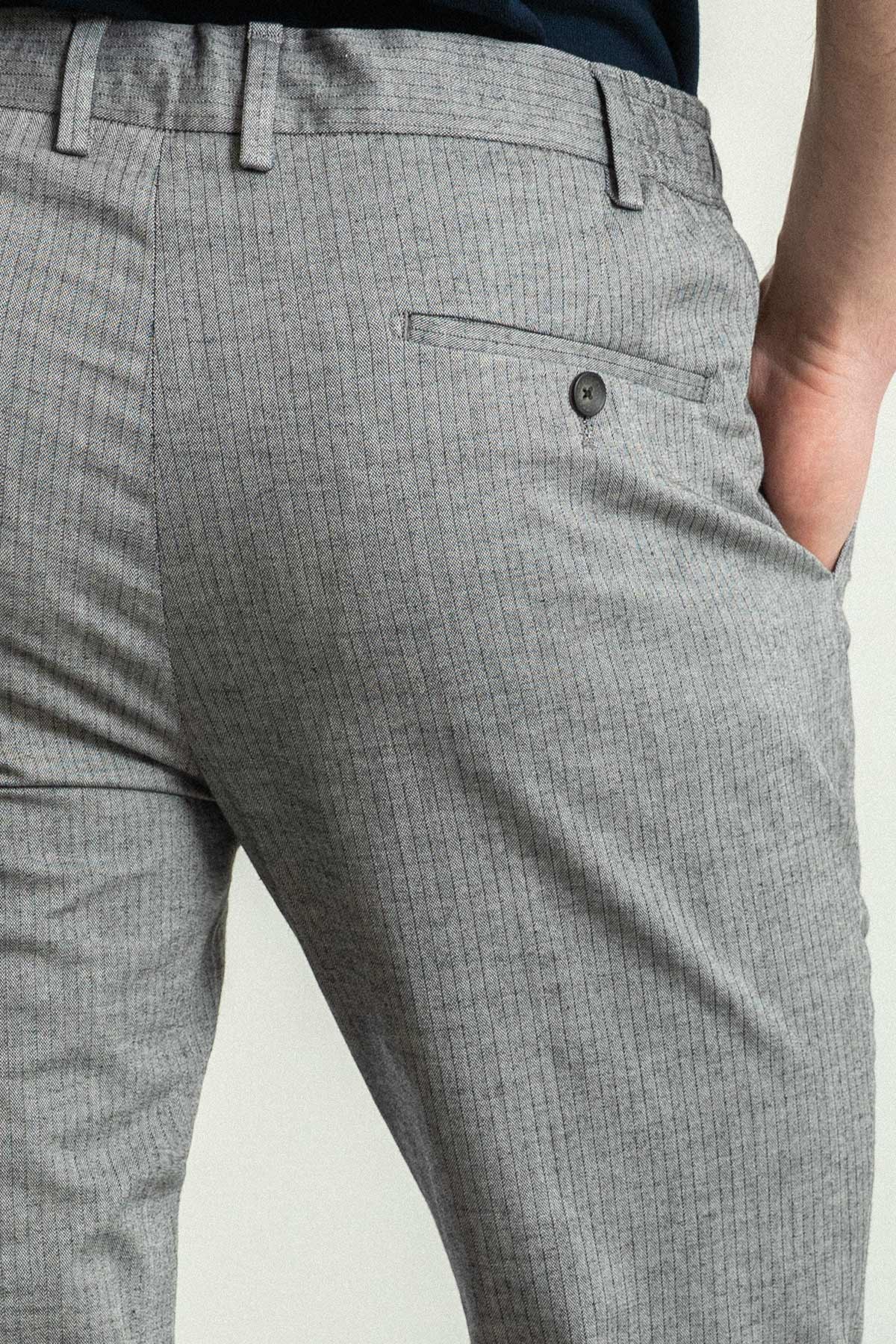 Çizgili Super Slim Fit Pilili İpli Keten Erkek Pantolon