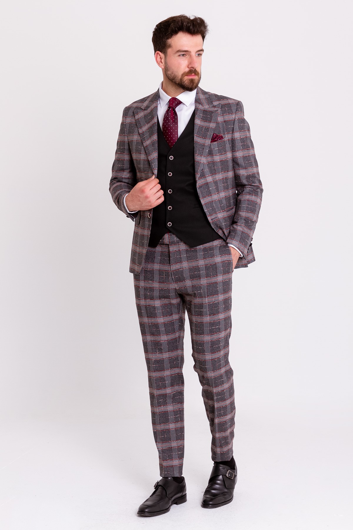 Slimfit Ekose Takım Elbise