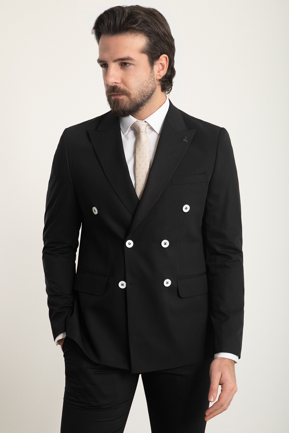 Düz Slim Fit Geniş Yaka Kruvaze Erkek Takım Elbise