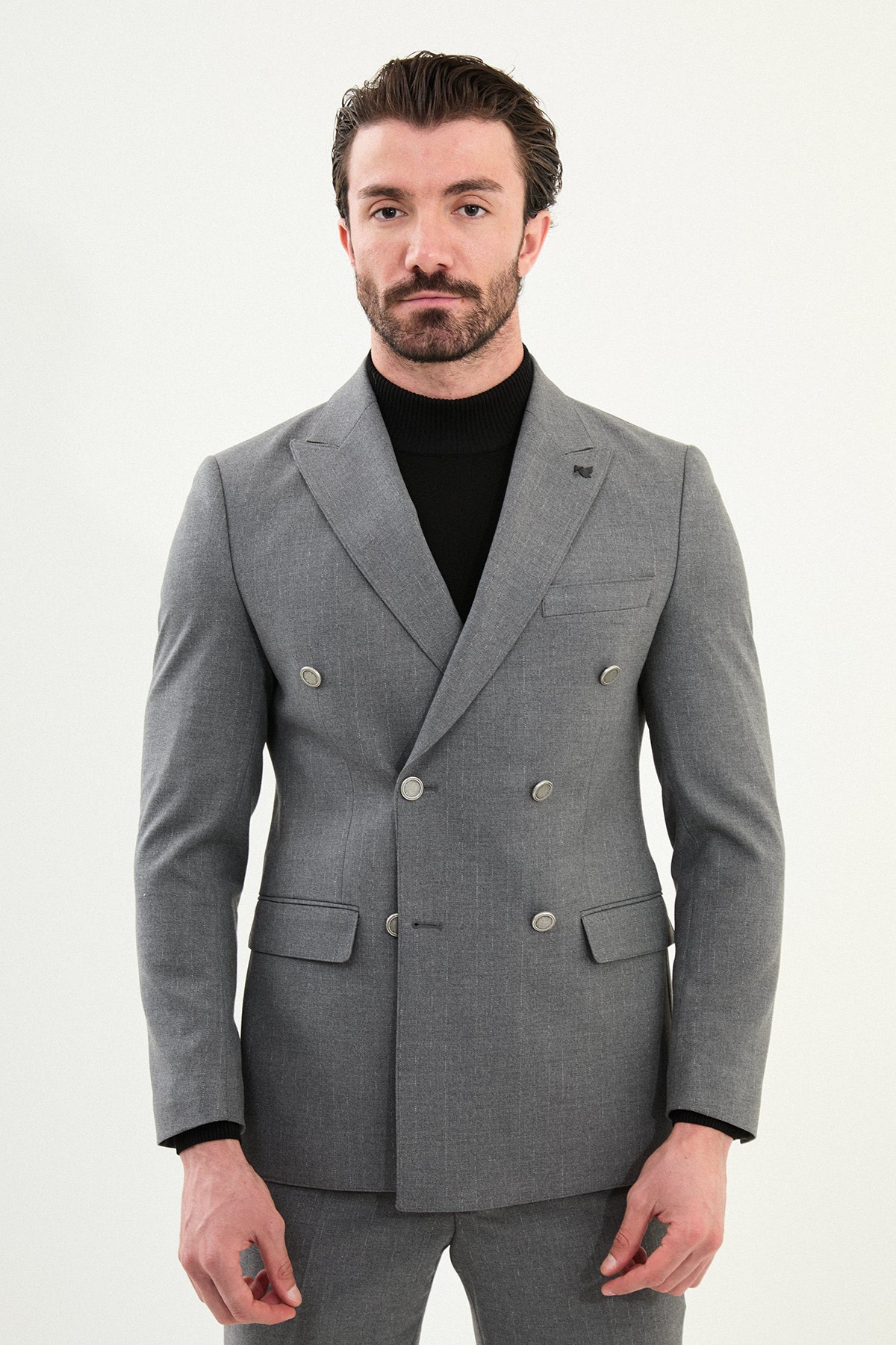 Çizgili Slim Fit Geniş Yaka Kruvaze Metal Düğmeli Erkek Takım Elbise - Gri