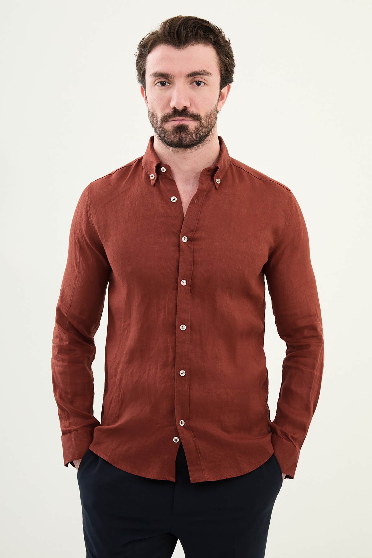 Düz Slim Fit %100 Keten Erkek Gömlek - Kiremit