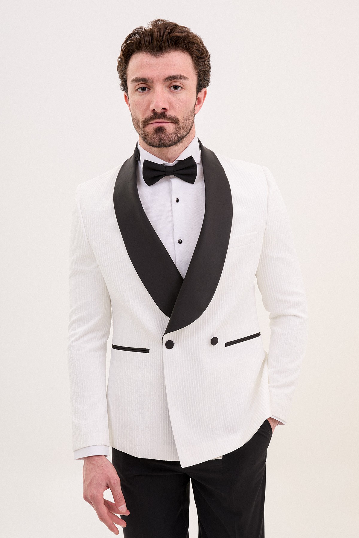Çizgili Slim Fit Şal Yaka Kruvaze Erkek Damatlık - Beyaz