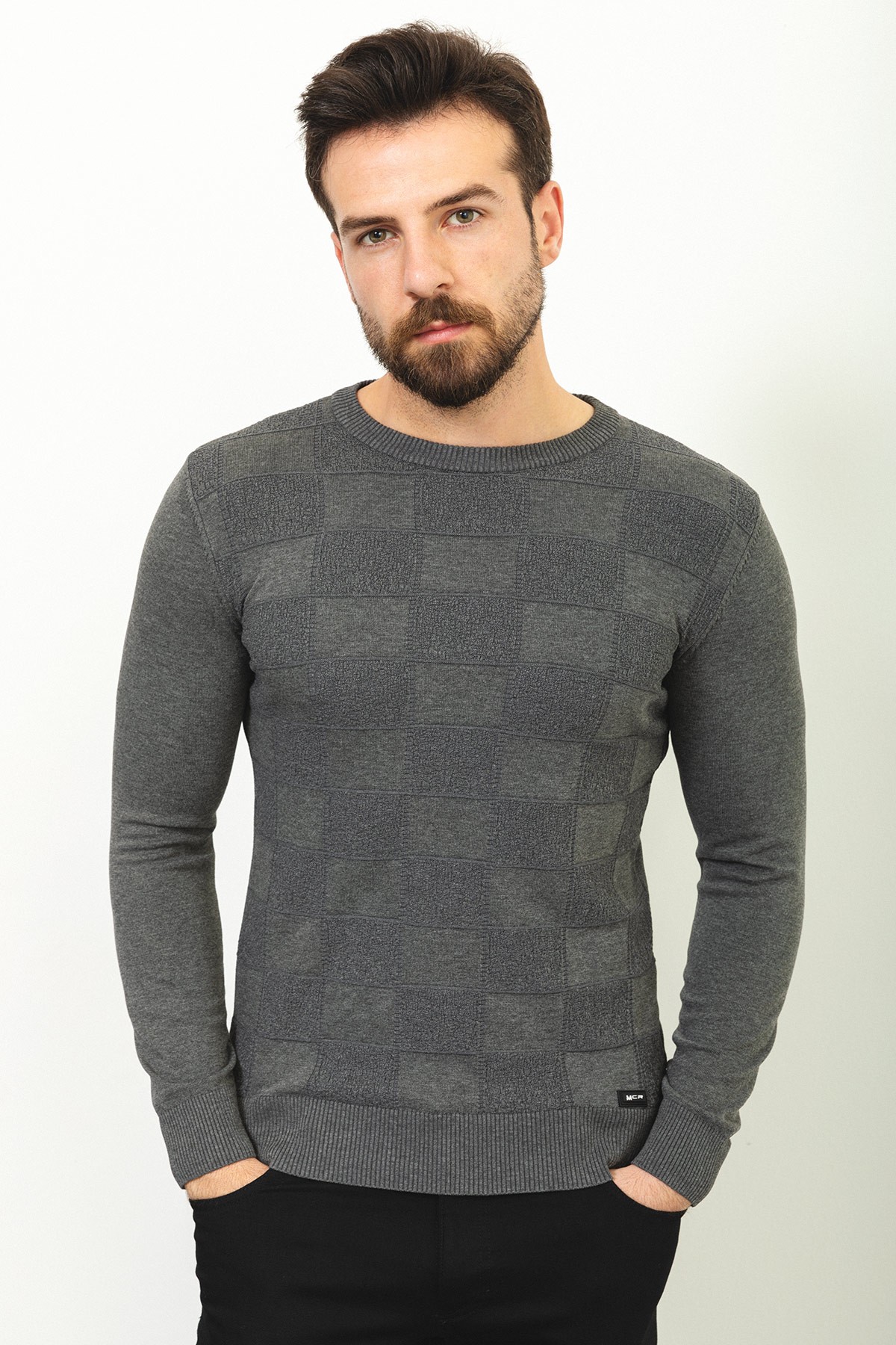 Kareli Slim Fit Bisiklet Yaka Erkek Kazak