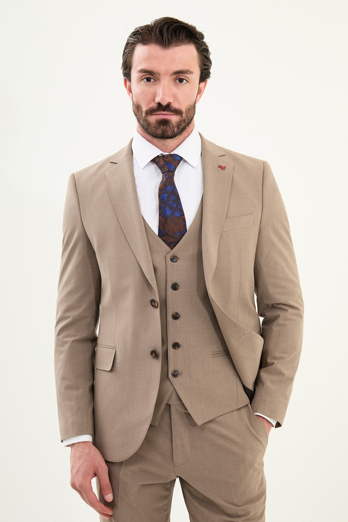 Düz Slim Fit Mono Yaka Klasik Erkek Takım Elbise - Vizon