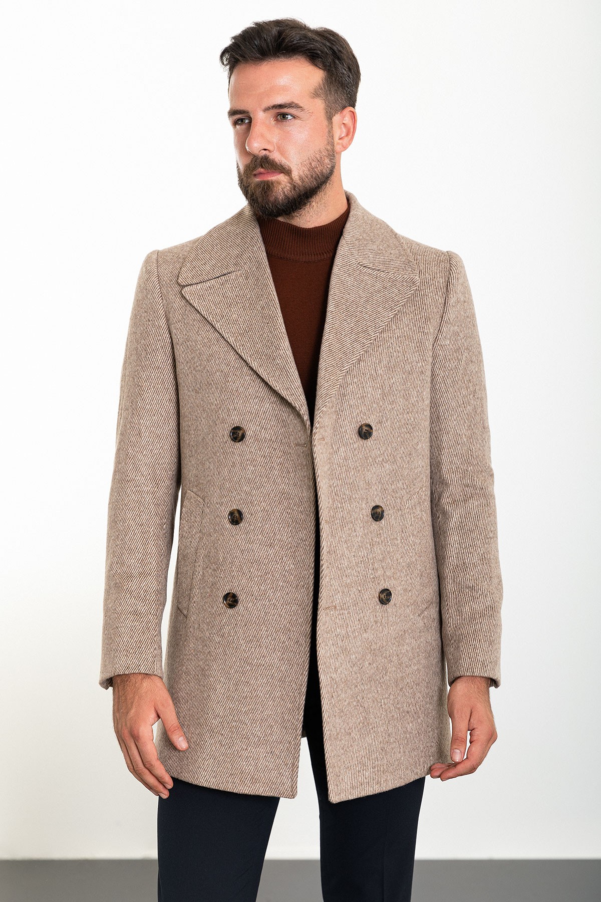 Çizgi Desenli Slim Fit Geniş Yaka Kruvaze Kaşe Erkek Kaban