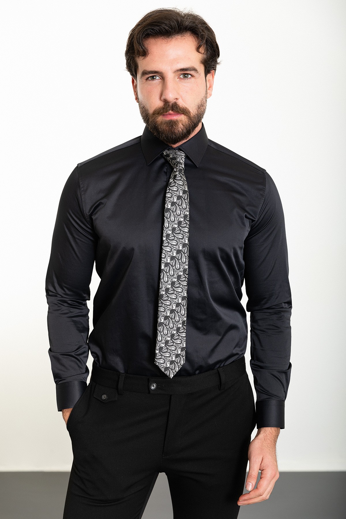 Düz Slim Fit Saten Klasik Erkek Gömlek - Siyah