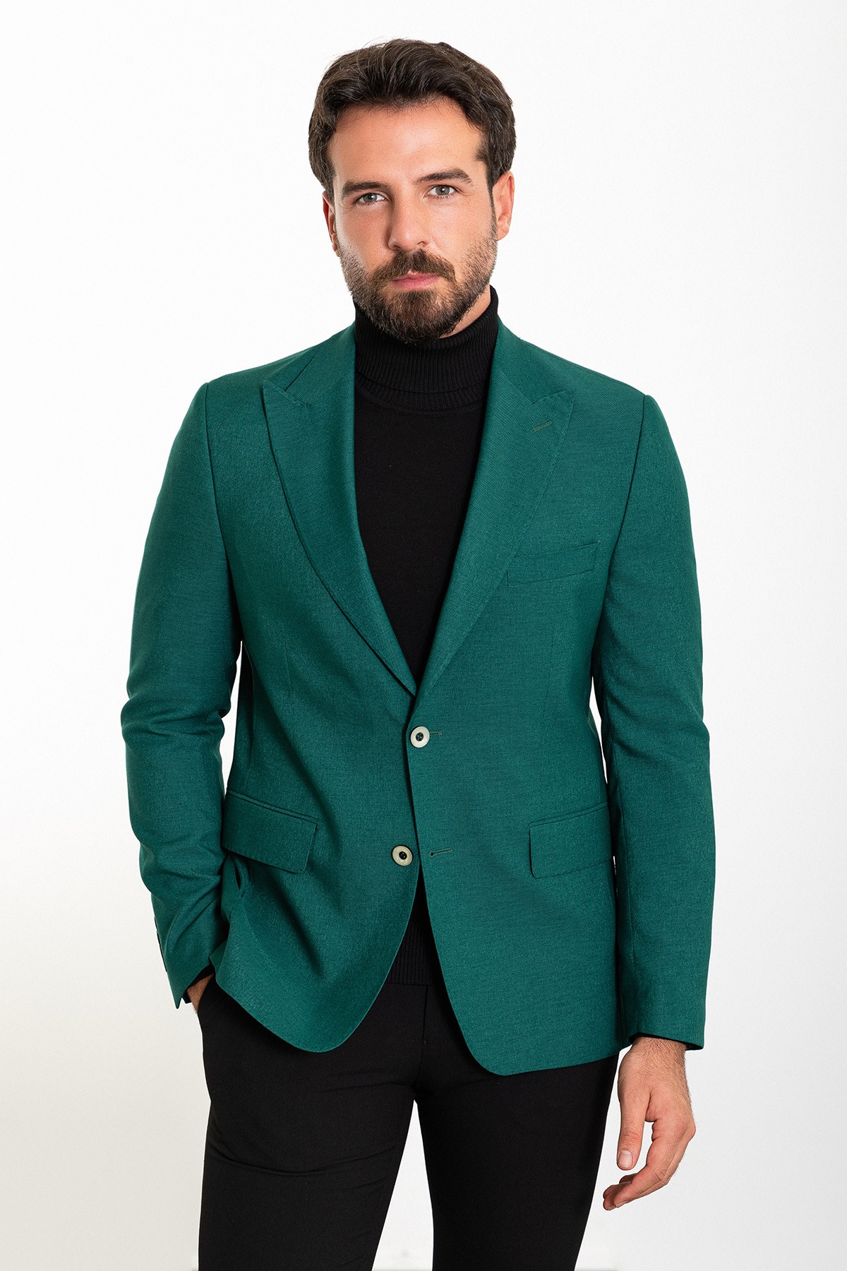 Düz Slim Fit Geniş Yaka Yün Erkek Ceket - Yeşil