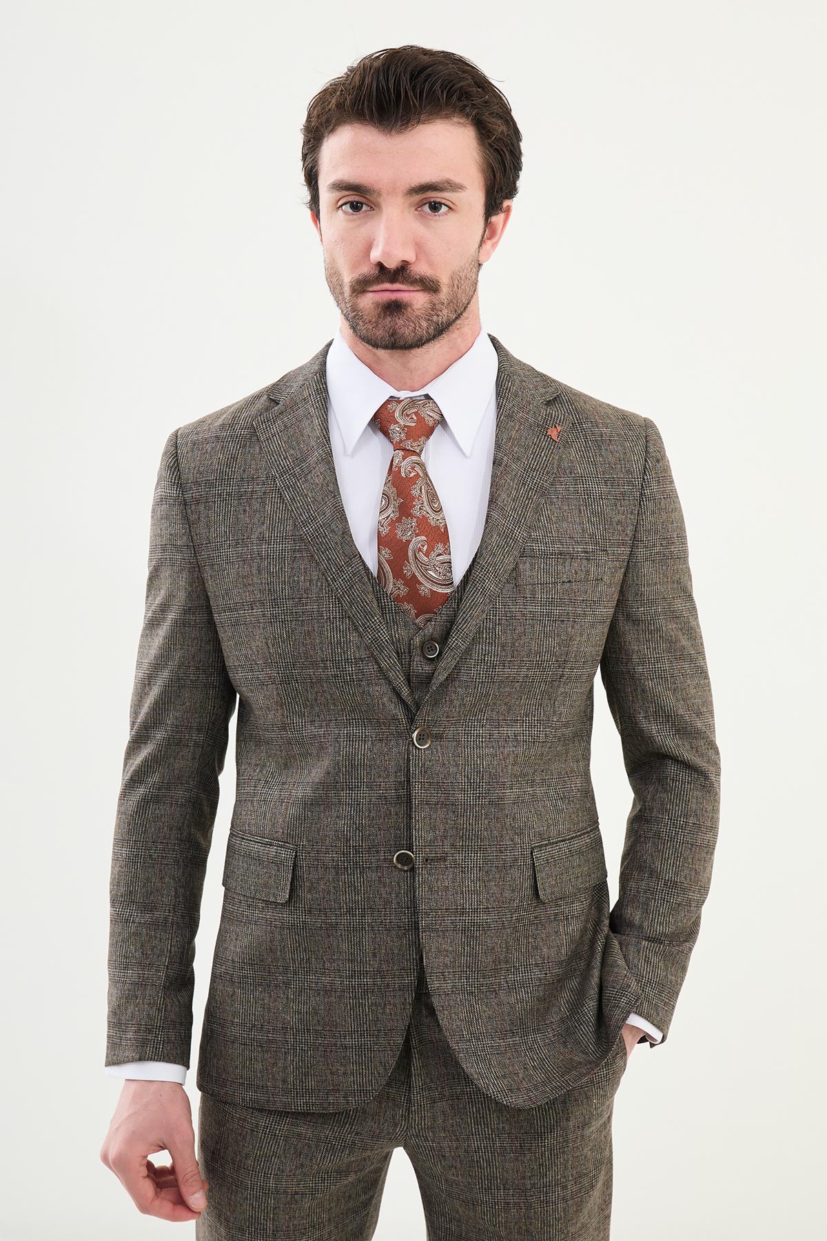 Ekoseli Slim Fit Mono Yaka Yün Erkek Takım Elbise - Bej