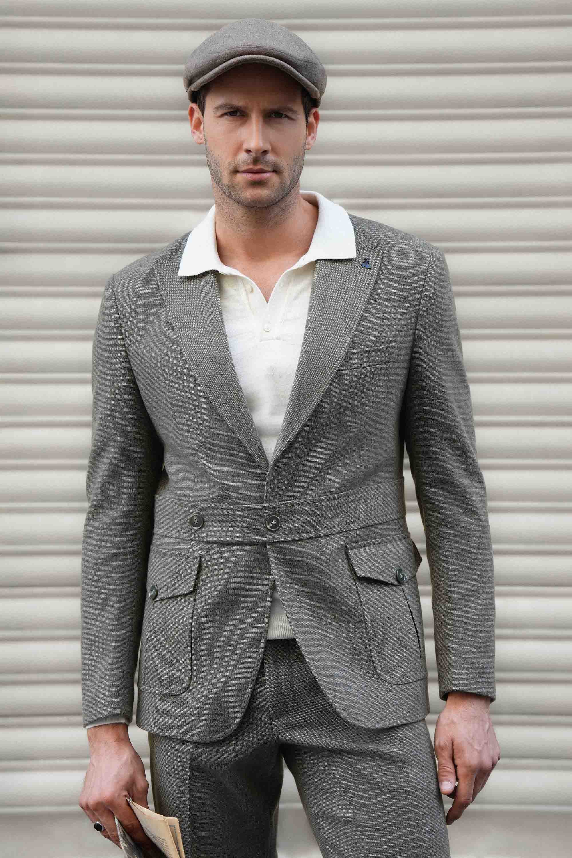Kırçıllı Slim Fit Kemer Detaylı Geniş Yaka Yün Erkek Takım Elbise - Haki