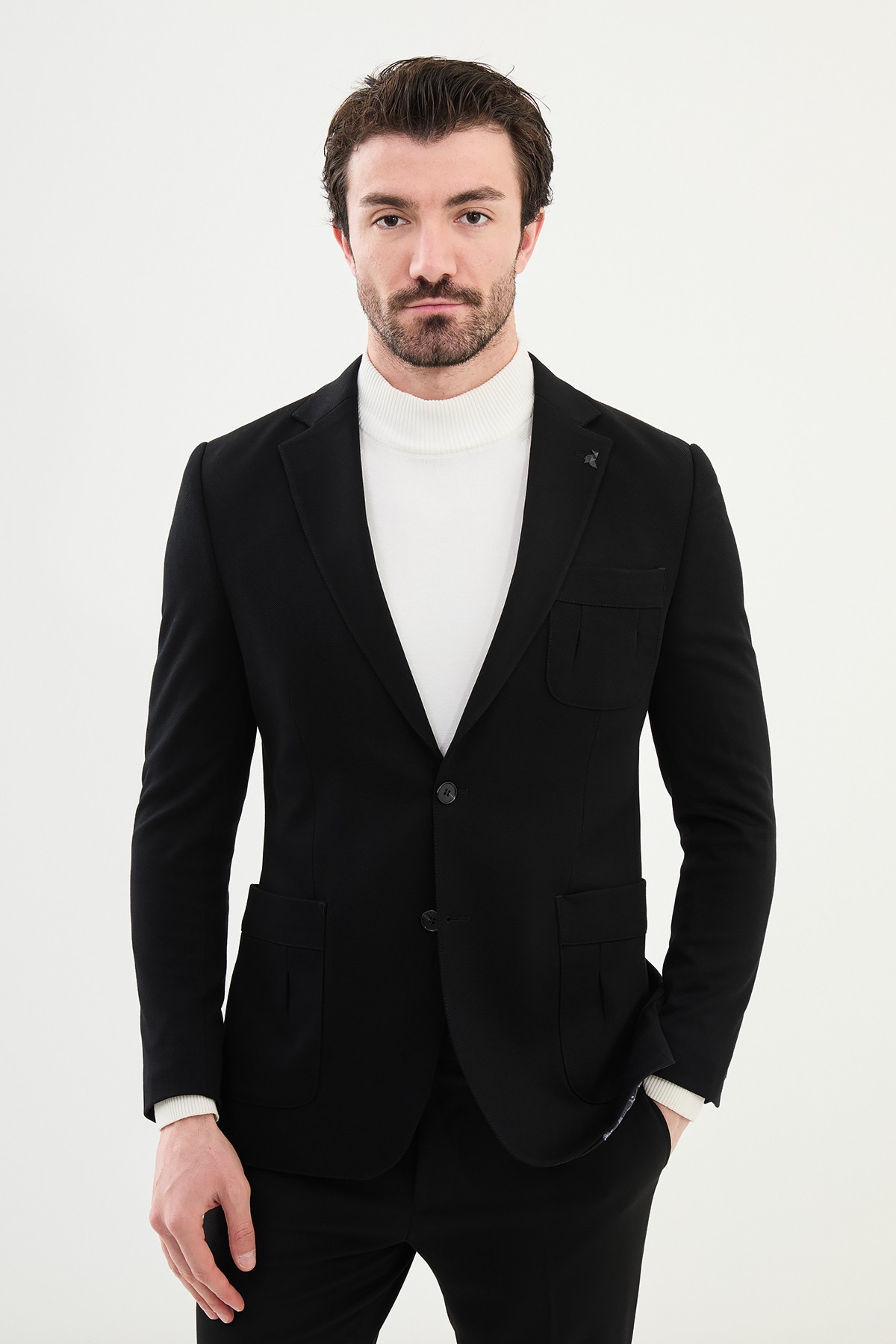 Düz Slim Fit Mono Yaka Torba Cep Pamuk Erkek Ceket - Siyah