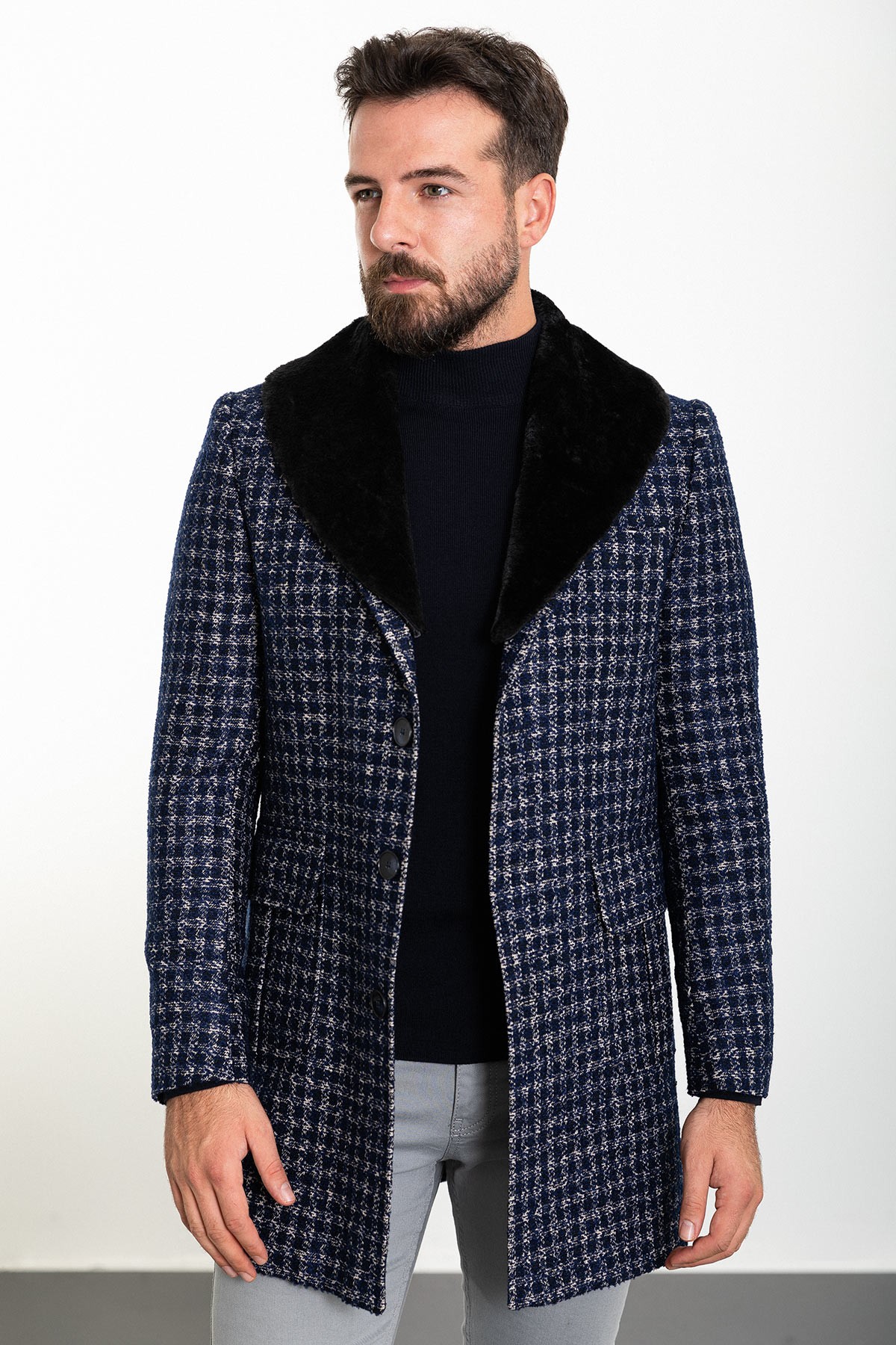 Kareli Slim Fit Kürklü Yaka Erkek Kaşe Kaban