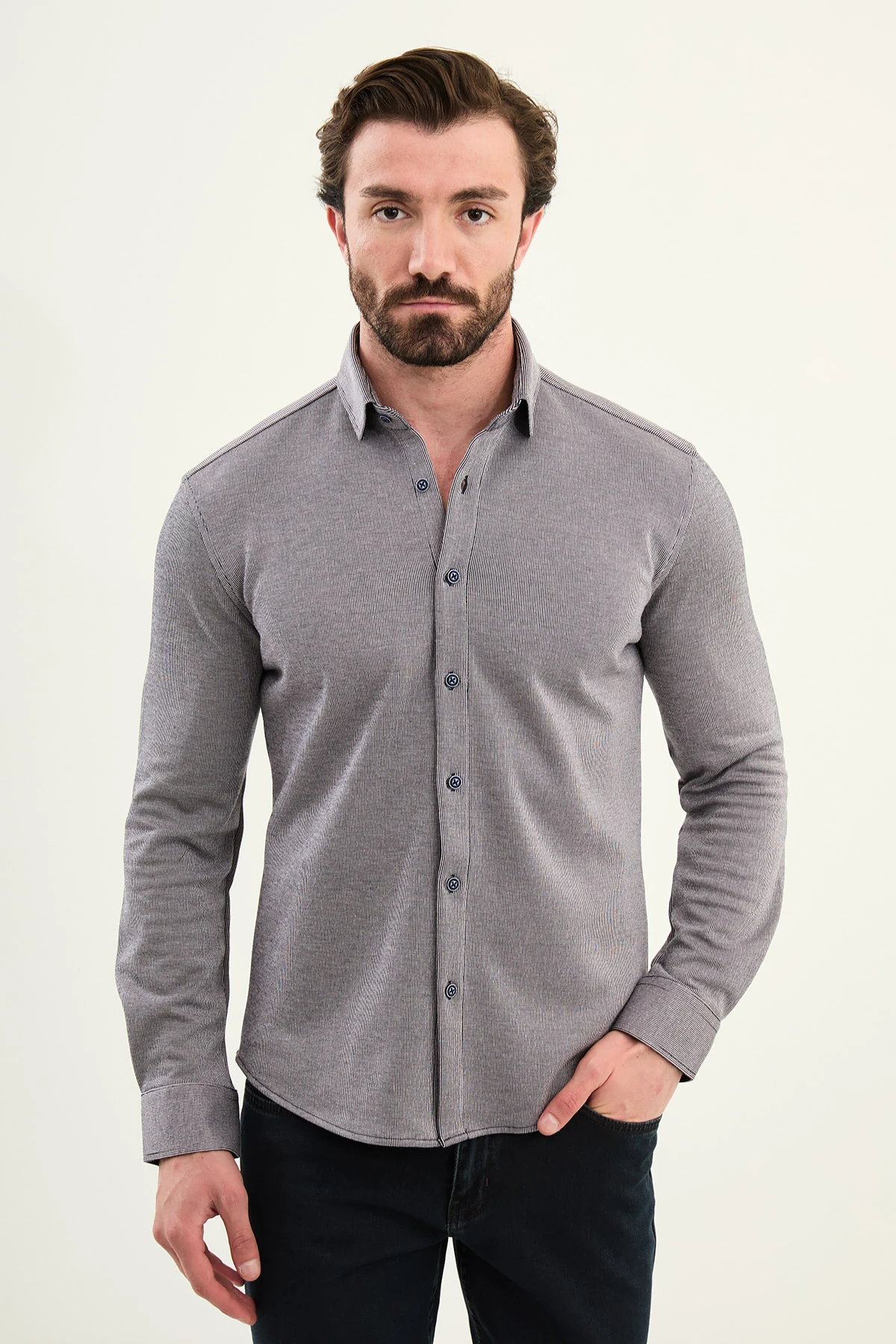 Çizgili Slim Fit Yün Uzun Kollu Erkek Gömlek - Lacivert