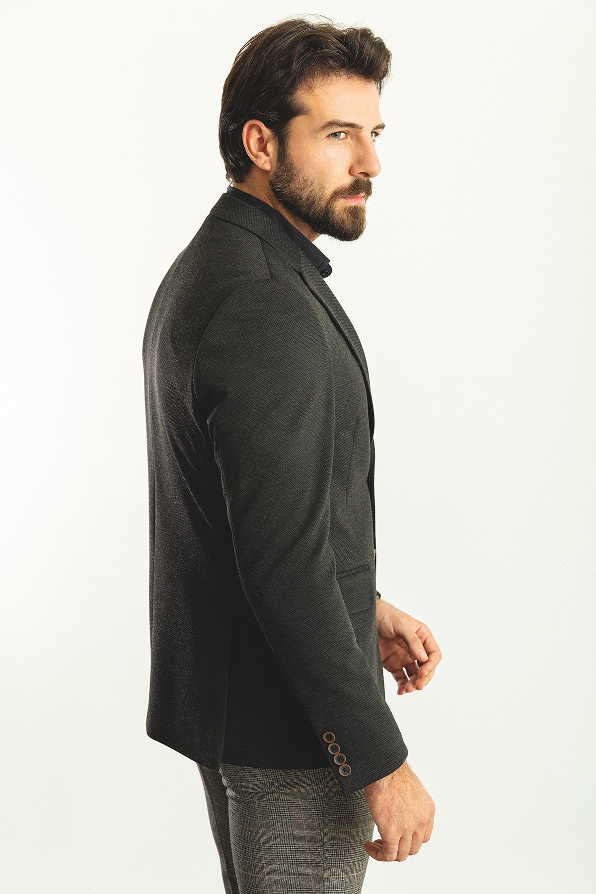 Dokulu Slim Fit Mono Yaka Yün Erkek Ceket