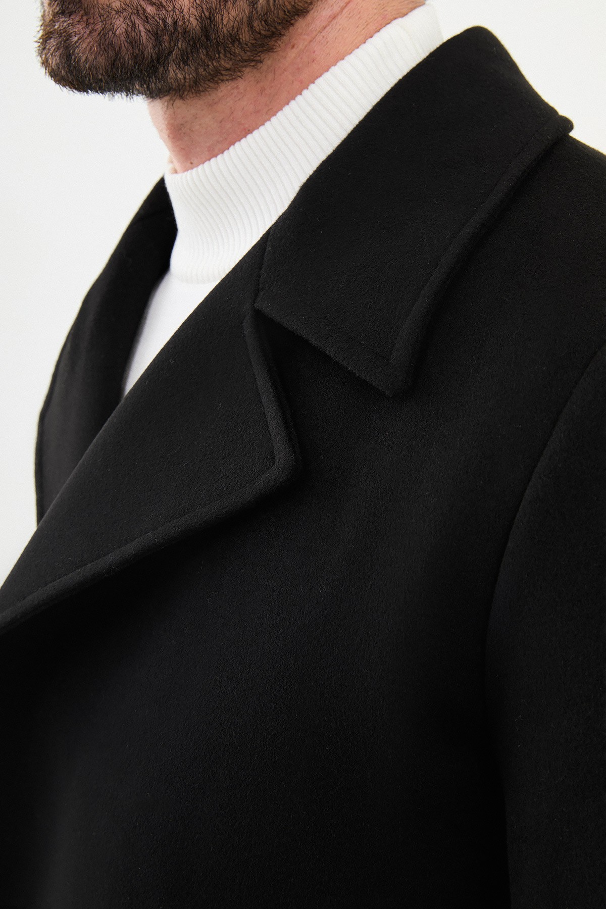 Düz Slim Fit Geniş Yaka Kuşaklı Kruvaze Kaşe Uzun Erkek Kaban