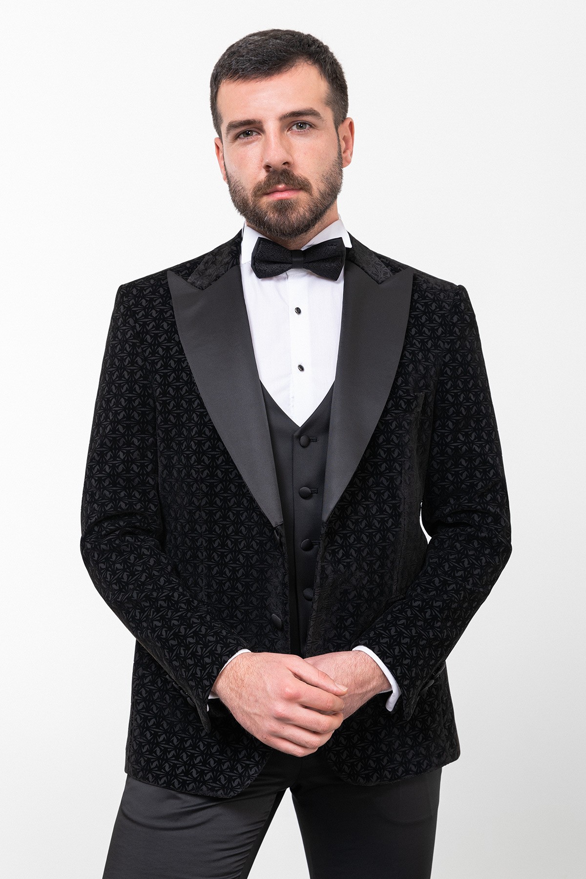Desenli Slim Fit Geniş Yaka Kadife Erkek Damatlık - Siyah